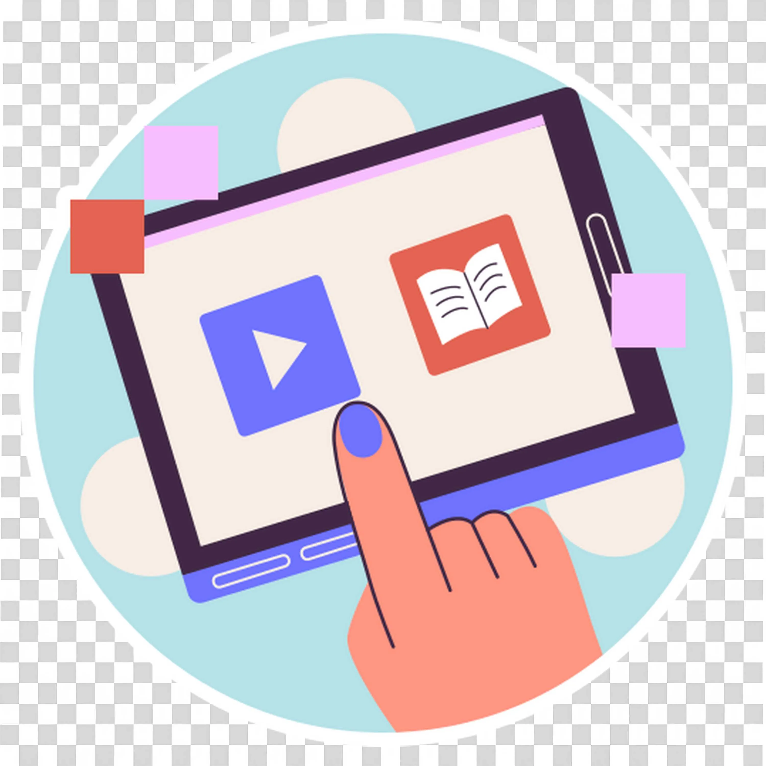 Hand Touching the Tablet Screen Showing Video and Book Icons