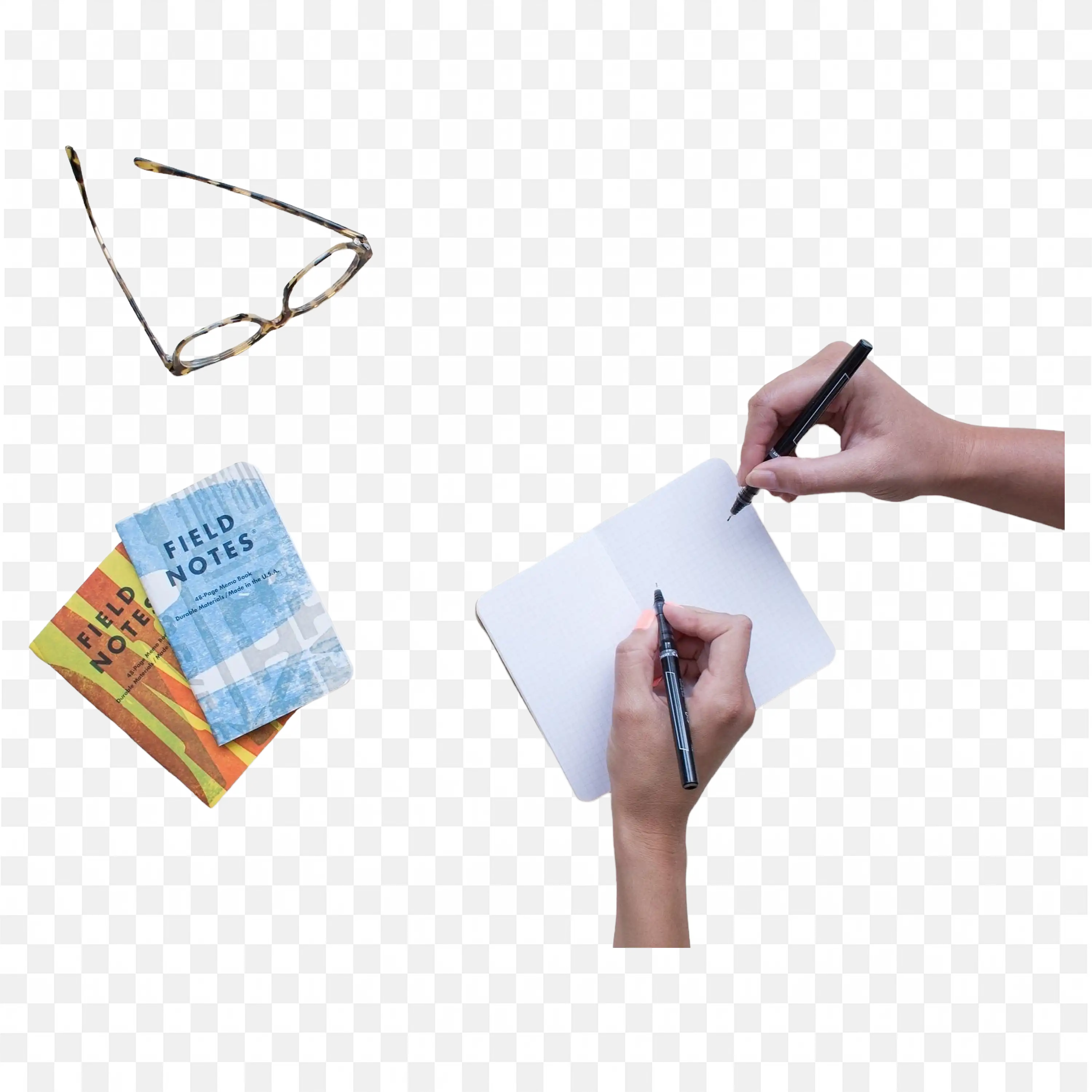 Hands Writing in Notebook with Field Notes and Glasses PNG