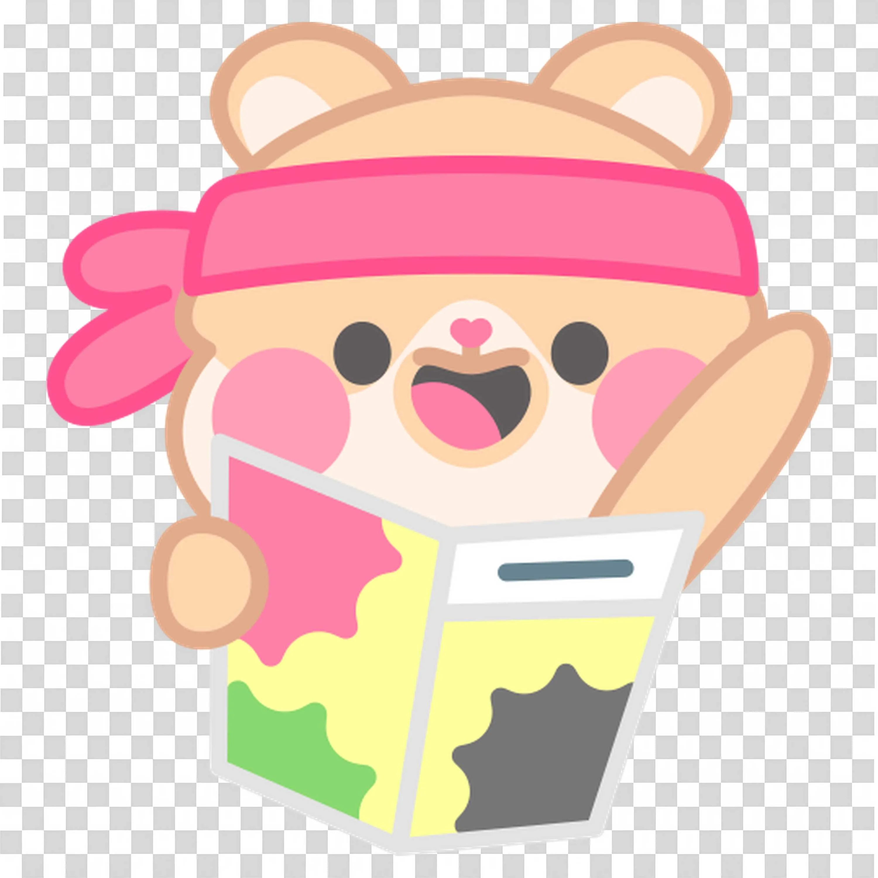 Happy Bear Wearing a Pink Headband Reading a Colourful Book