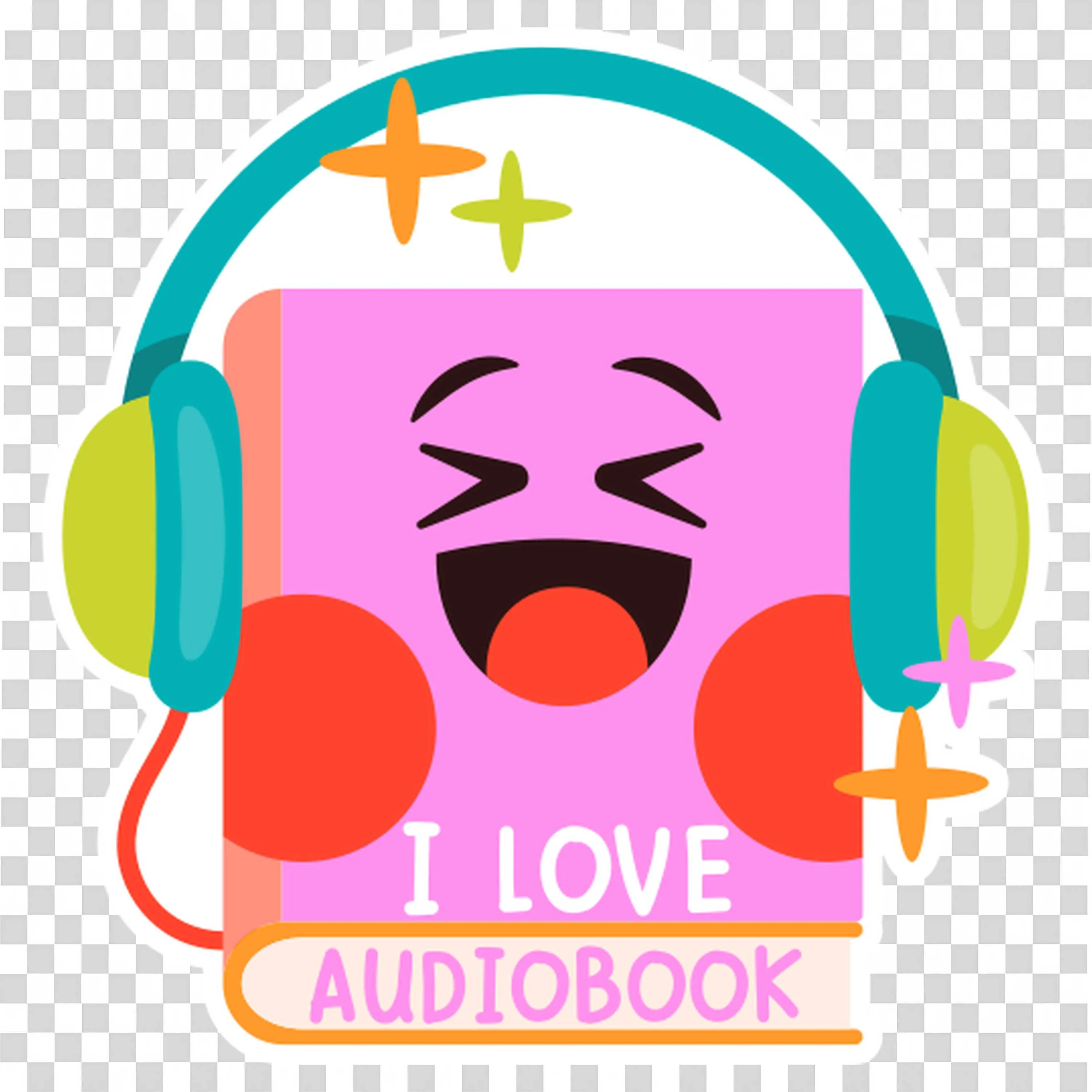 Happy Book with Headphones and I Love Audiobook Text Icon