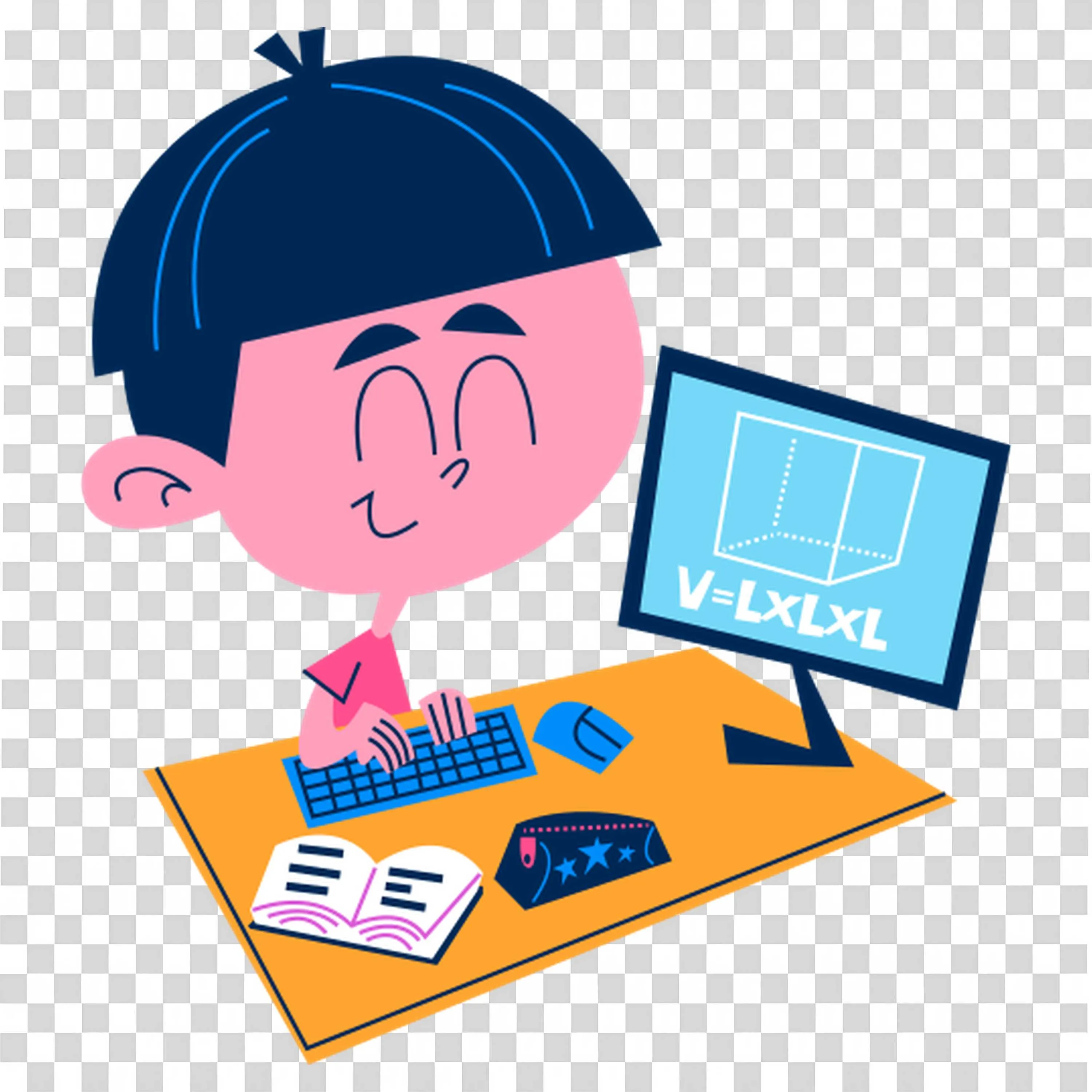Happy Boy Studying Geometry with a Computer and Books Png