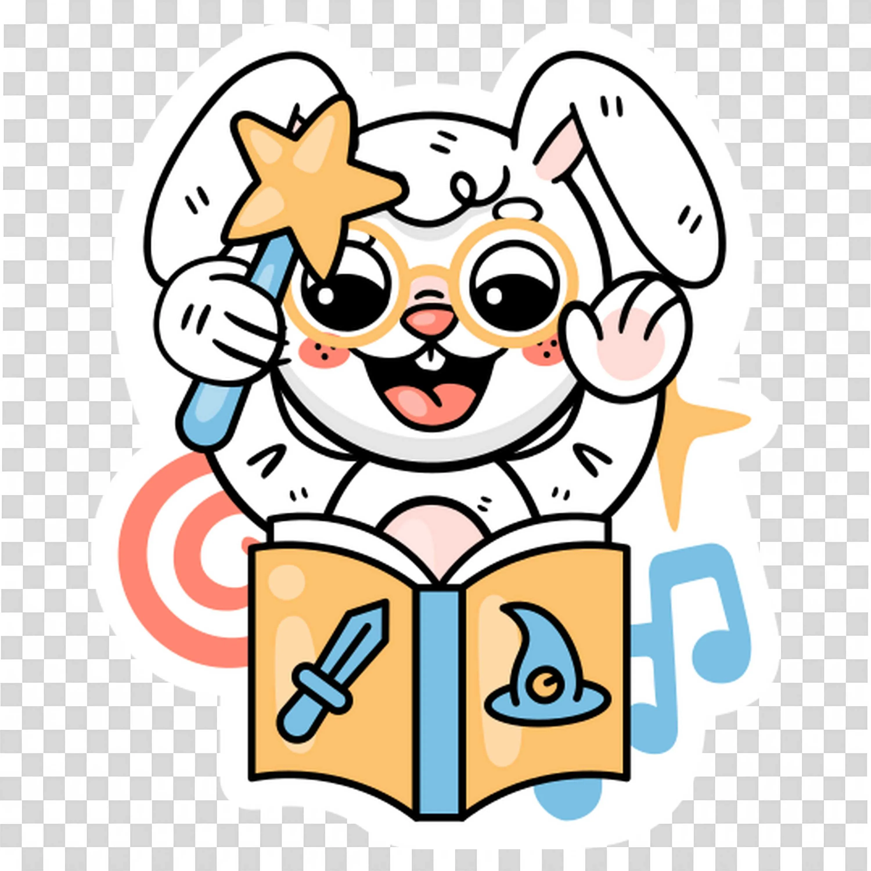 Happy Bunny Reading a Magic Book with a Wand and Notes Png