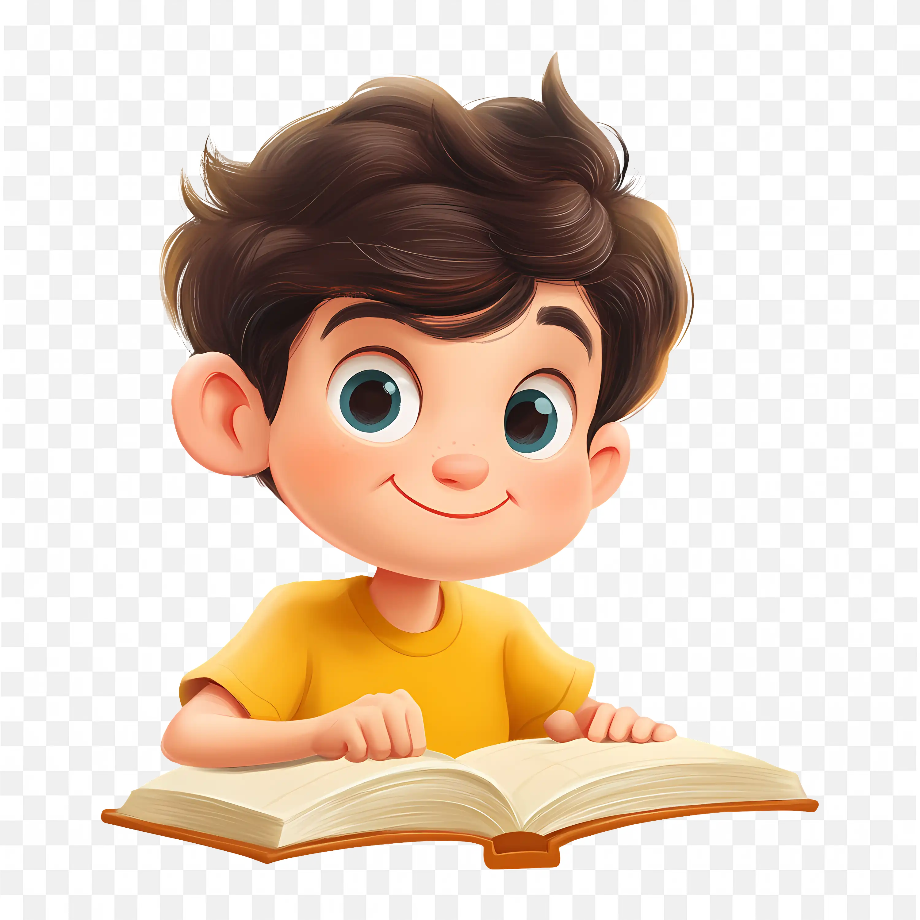 Happy Cartoon Boy Reading an Open Book Free PNG Download