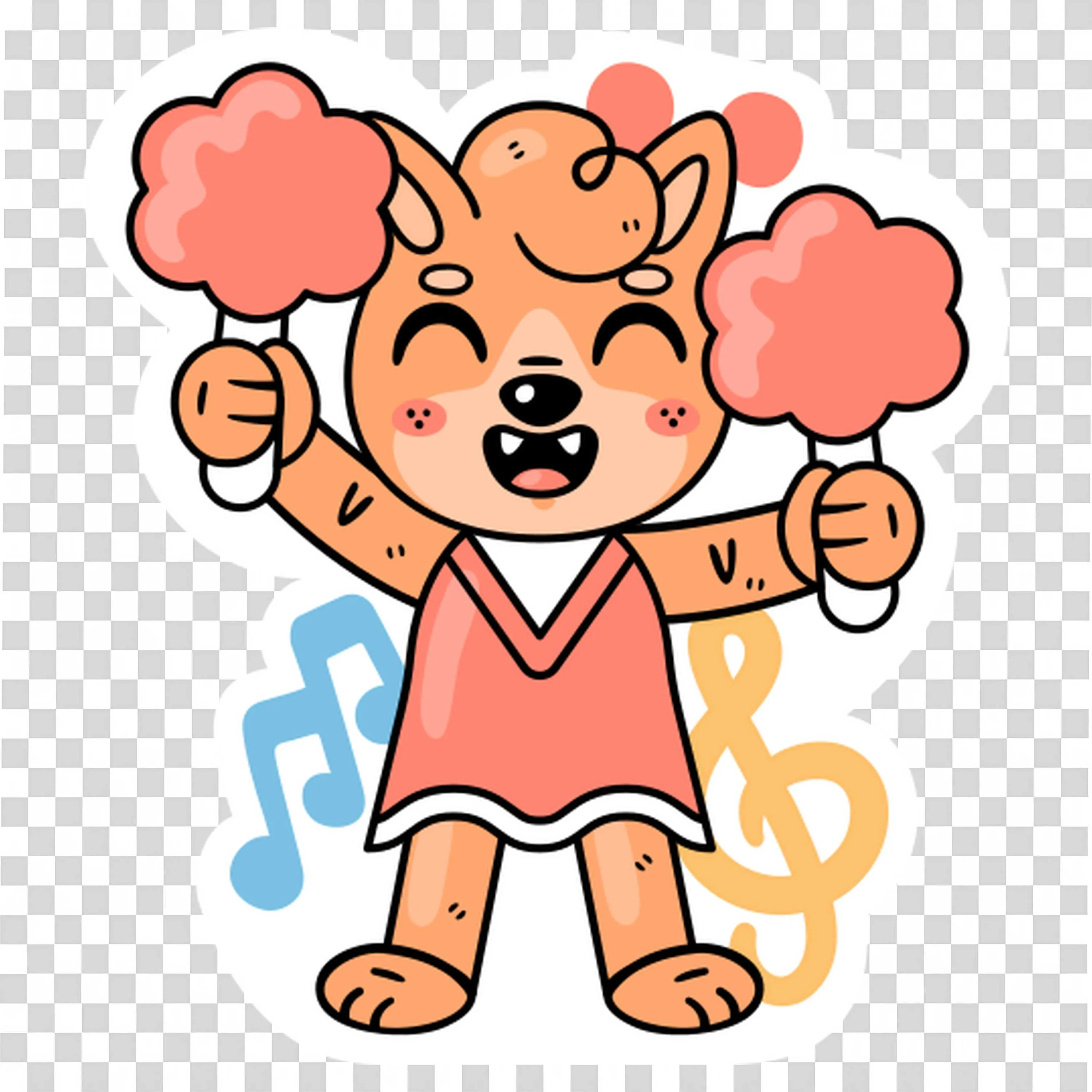 Happy Cheerleader Dog with Pom Poms and Musical Notes Png