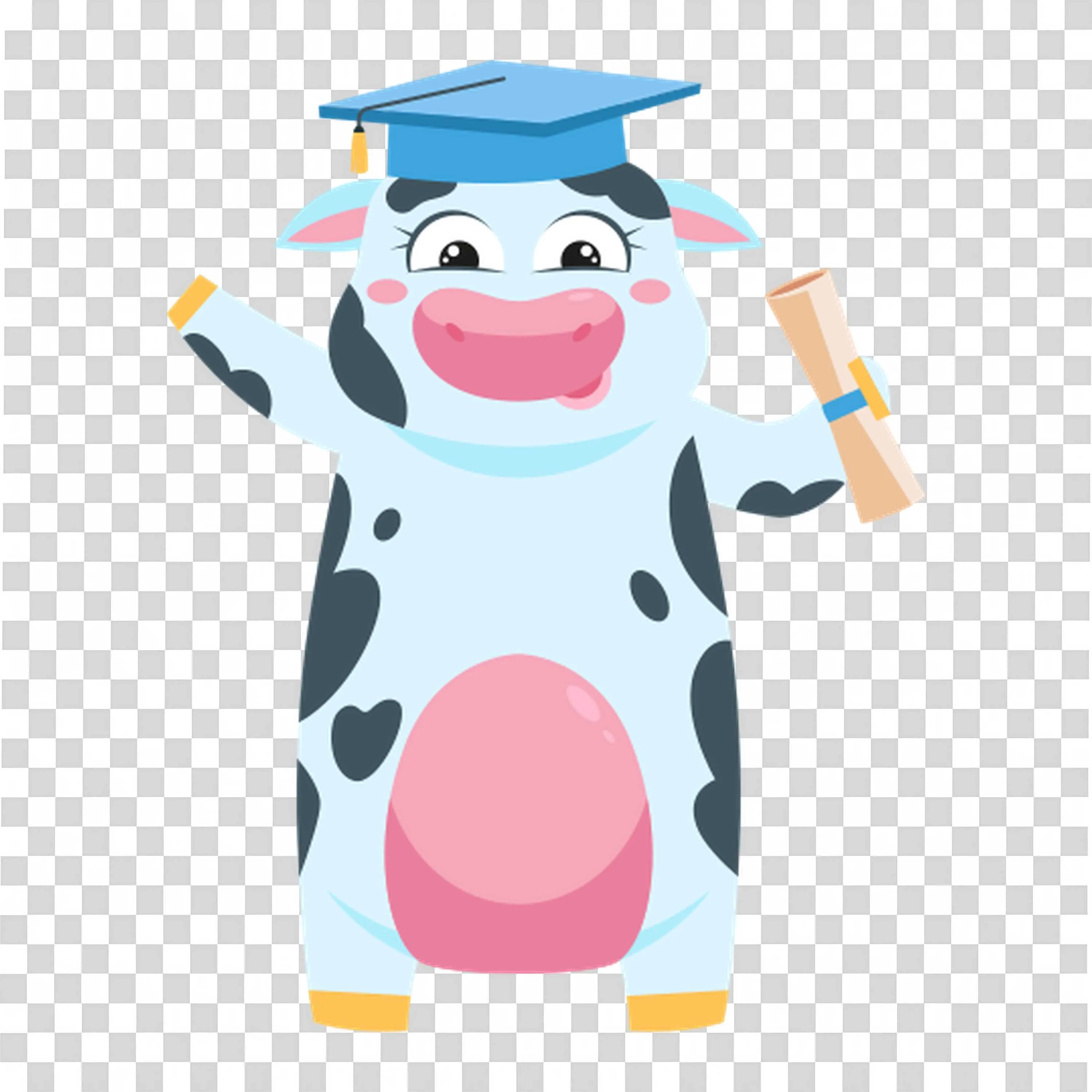 Happy Cow Graduating with Diploma and Cap Waving Hands Png
