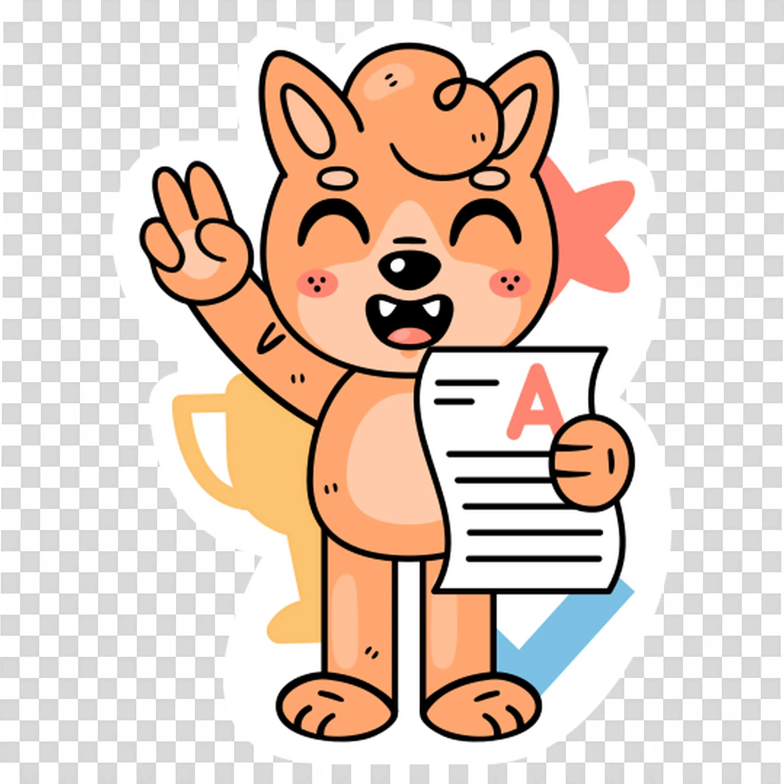 Happy Fox Holding a Grade Paper with a Trophy Backdrop Png