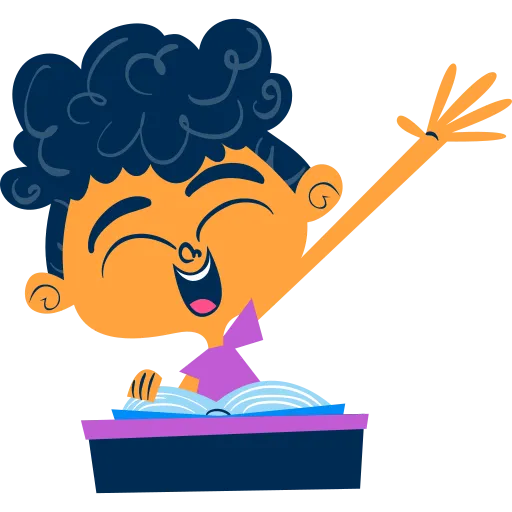 Happy Girl Raising Hand While Sitting in Pink Desk