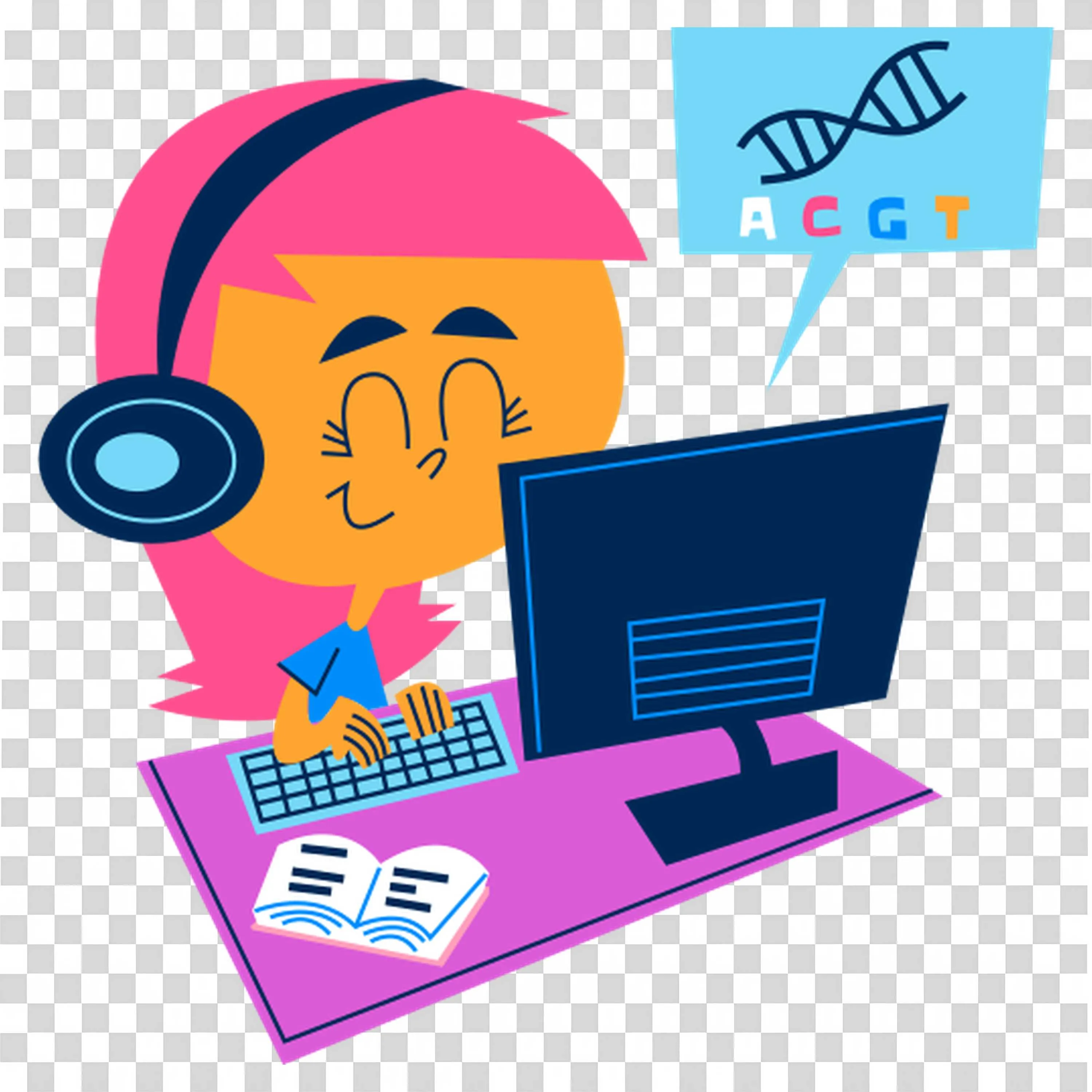 Happy Girl Studying Genetics at Computer with Headphones On