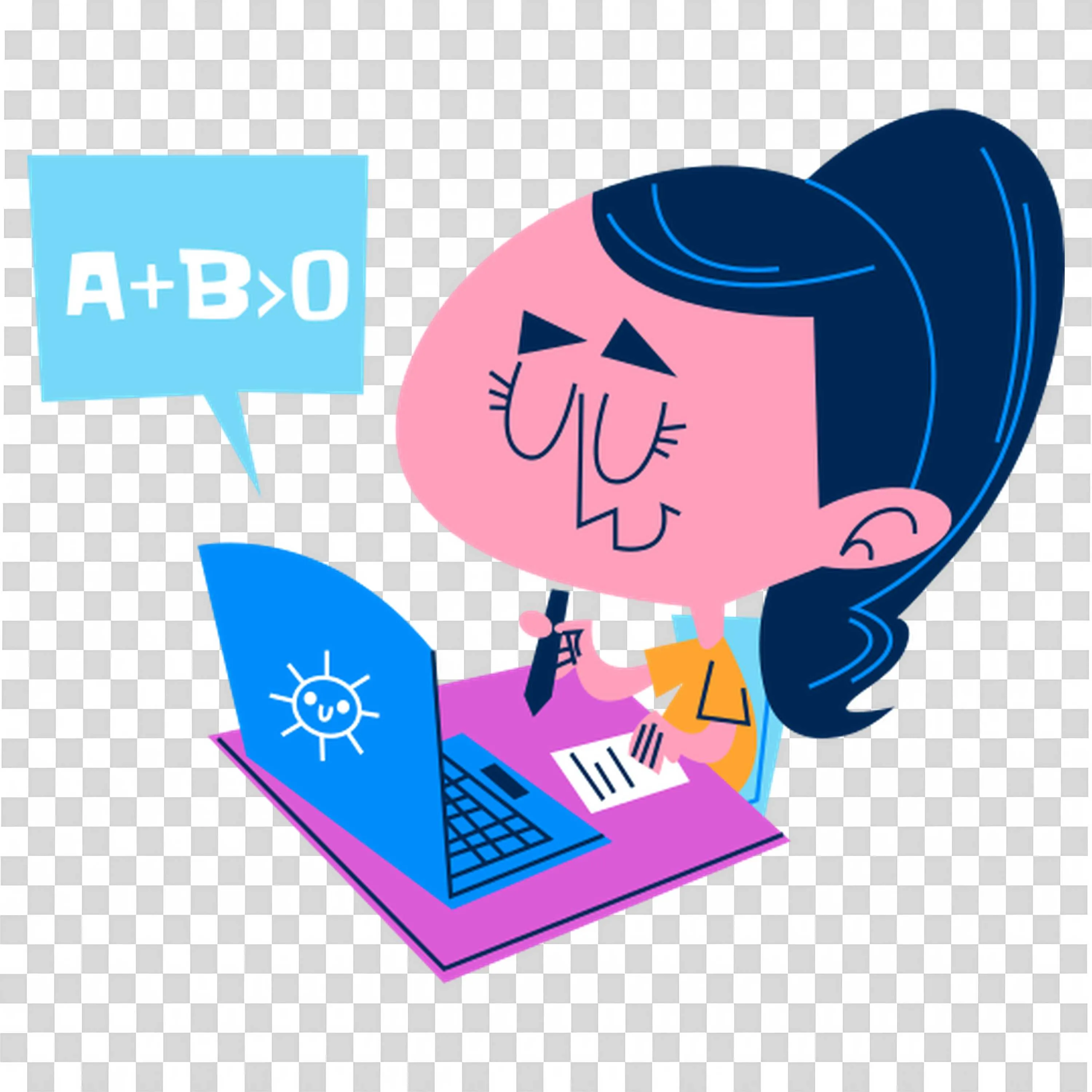 Happy Girl Studying Math on Laptop with Speech Bubble Png