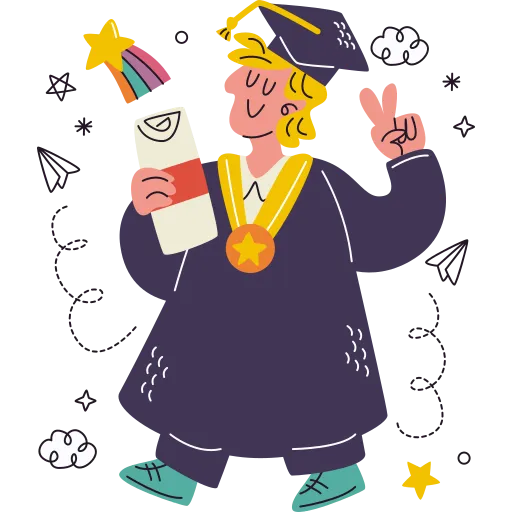 Happy Graduate Jumping in Gown with Cap and Confetti