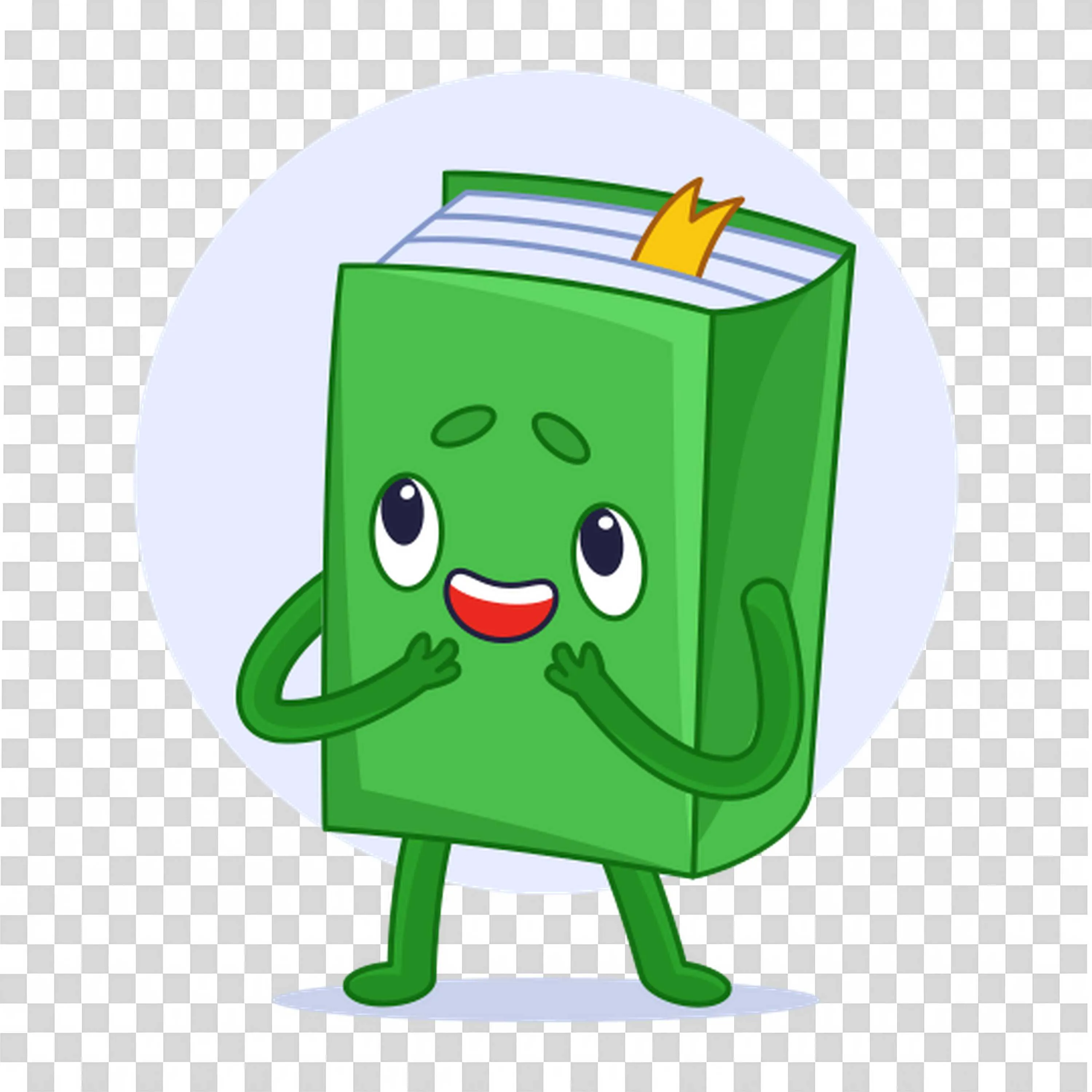 Happy Green Cartoon Book with Yellow Bookmark Against White