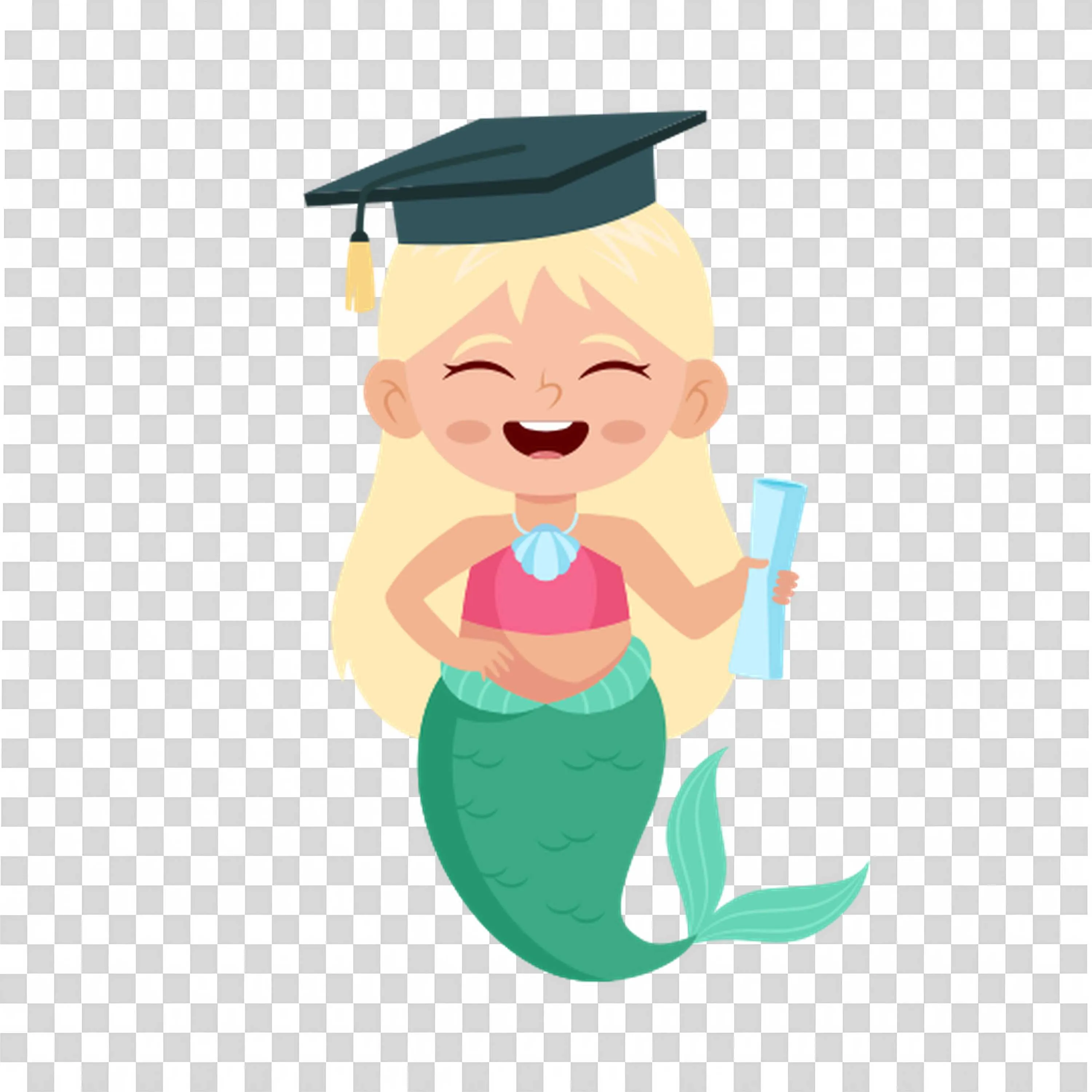 Happy Mermaid Graduation Cartoon with Diploma Scroll Png