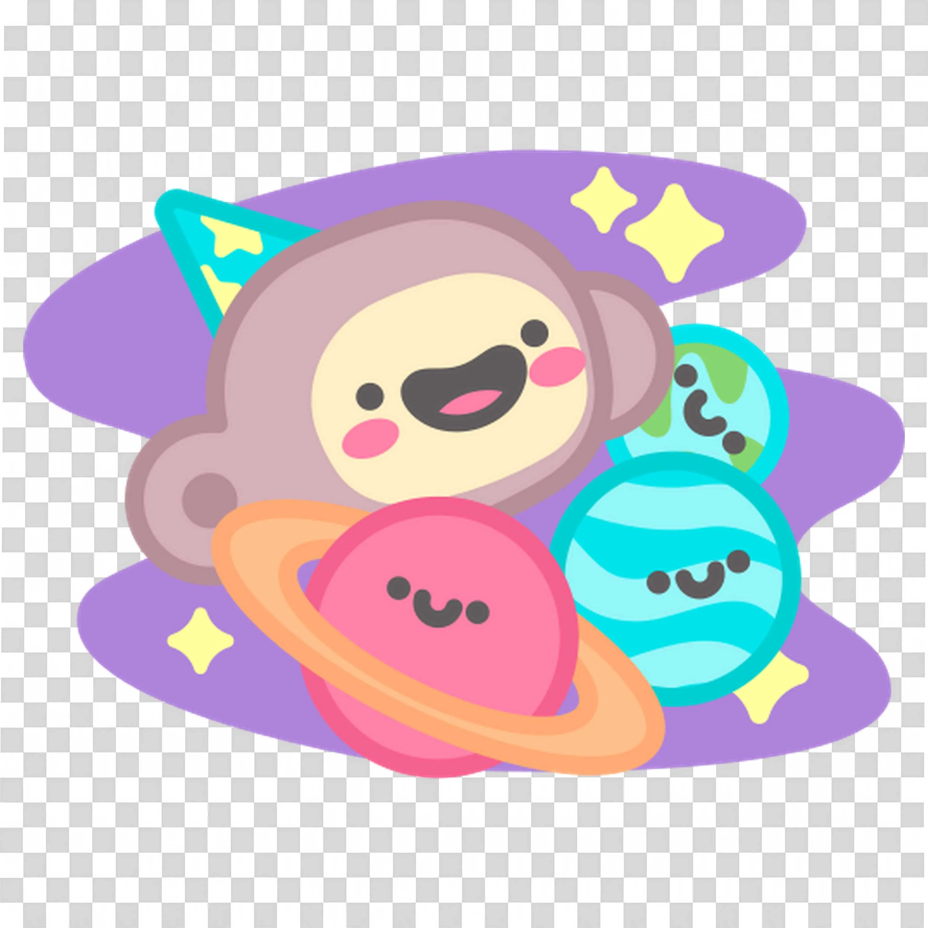 Happy Monkey Floating with Colourful Smiling Planets Png