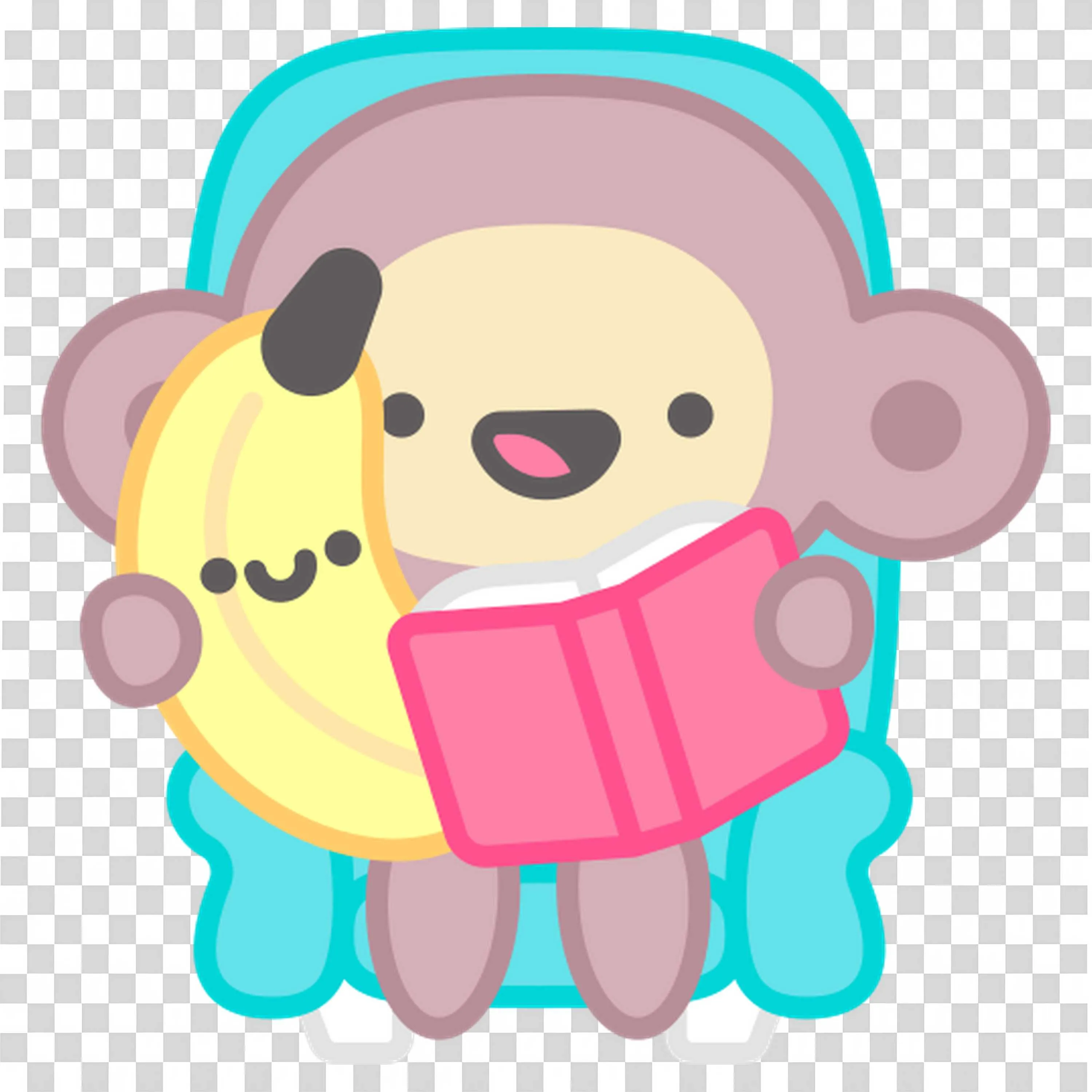 Happy Monkey Holding a Banana and Reading a Pink Book Png
