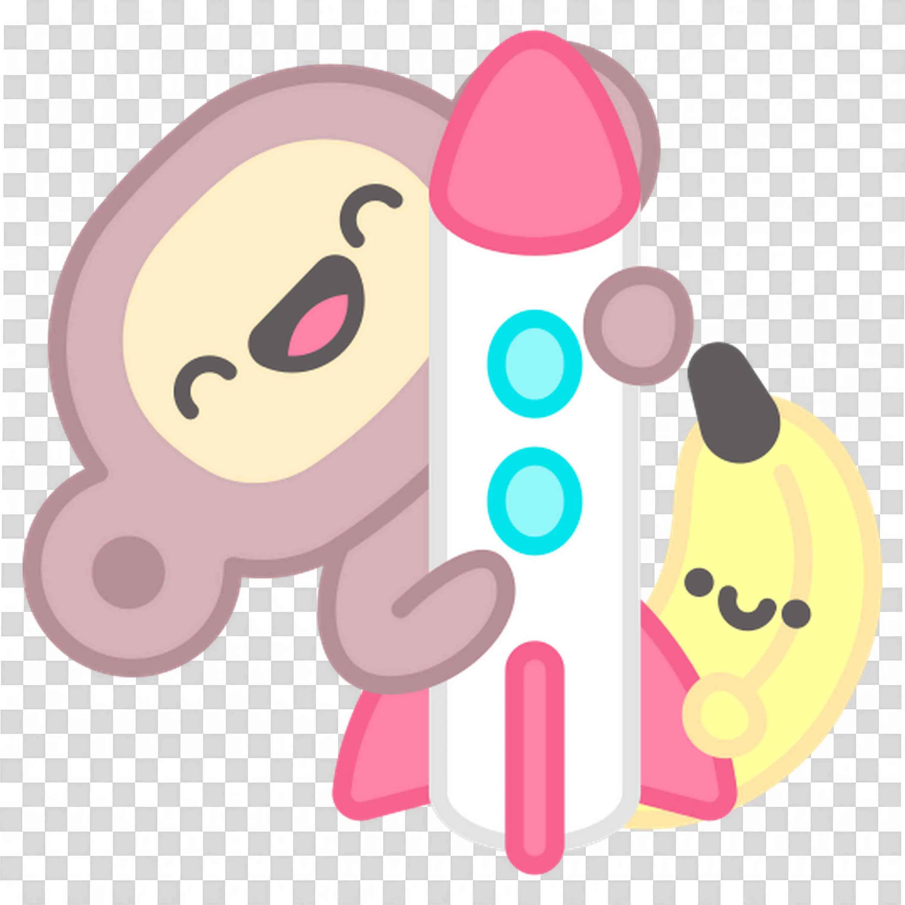 Happy Monkey Hugging Rocket with Smiling Banana PNG Image