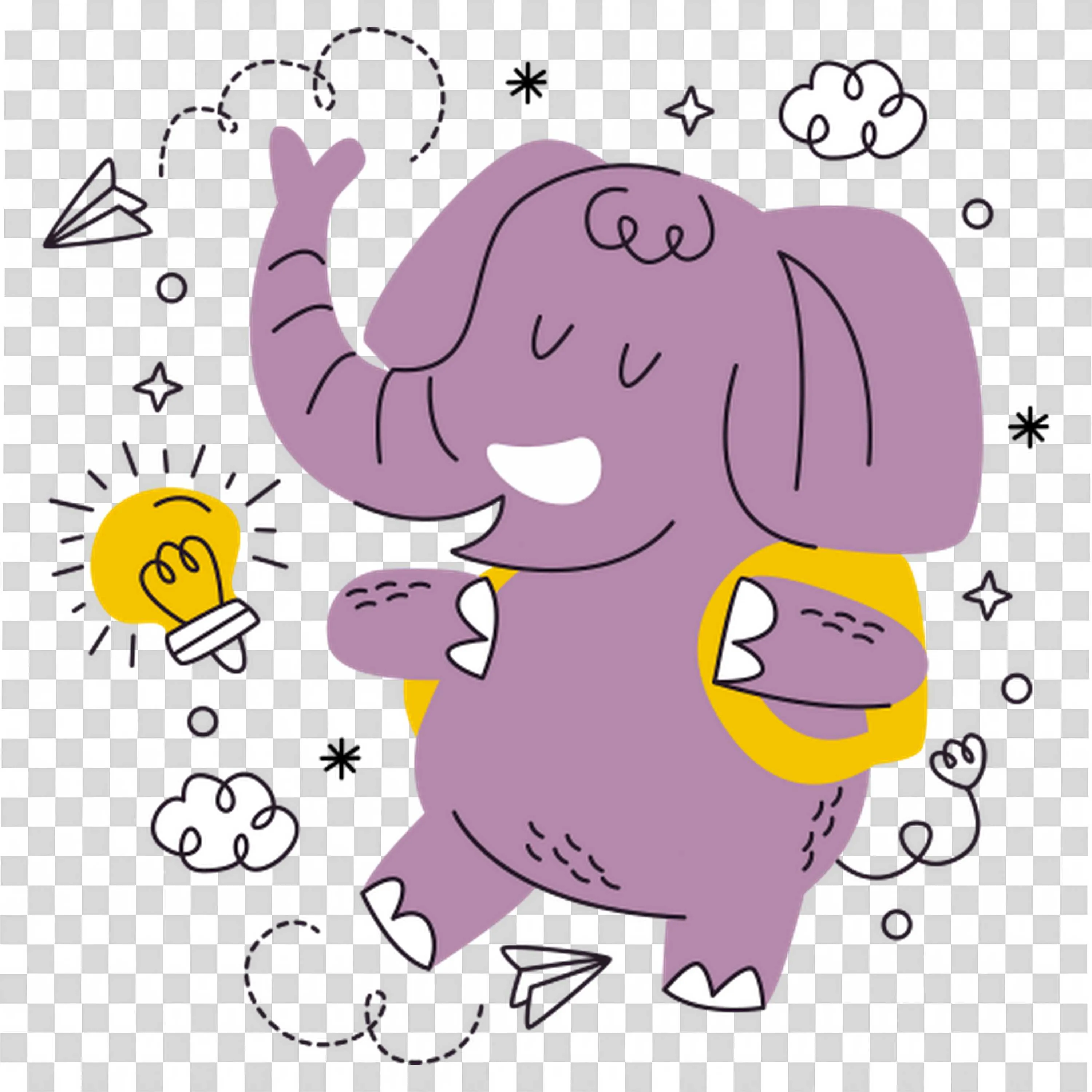 Happy Purple Elephant with a Backpack and a Glowing Bulb