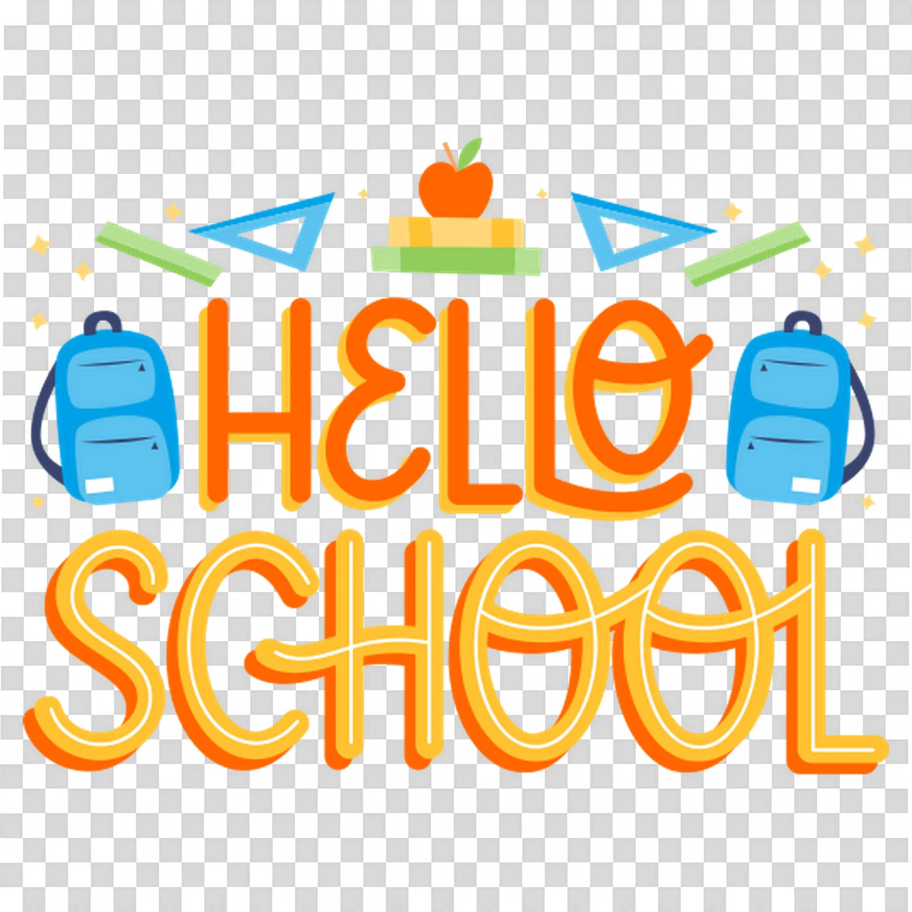 Hello School Bright Lettering with Backpacks and Apple Png