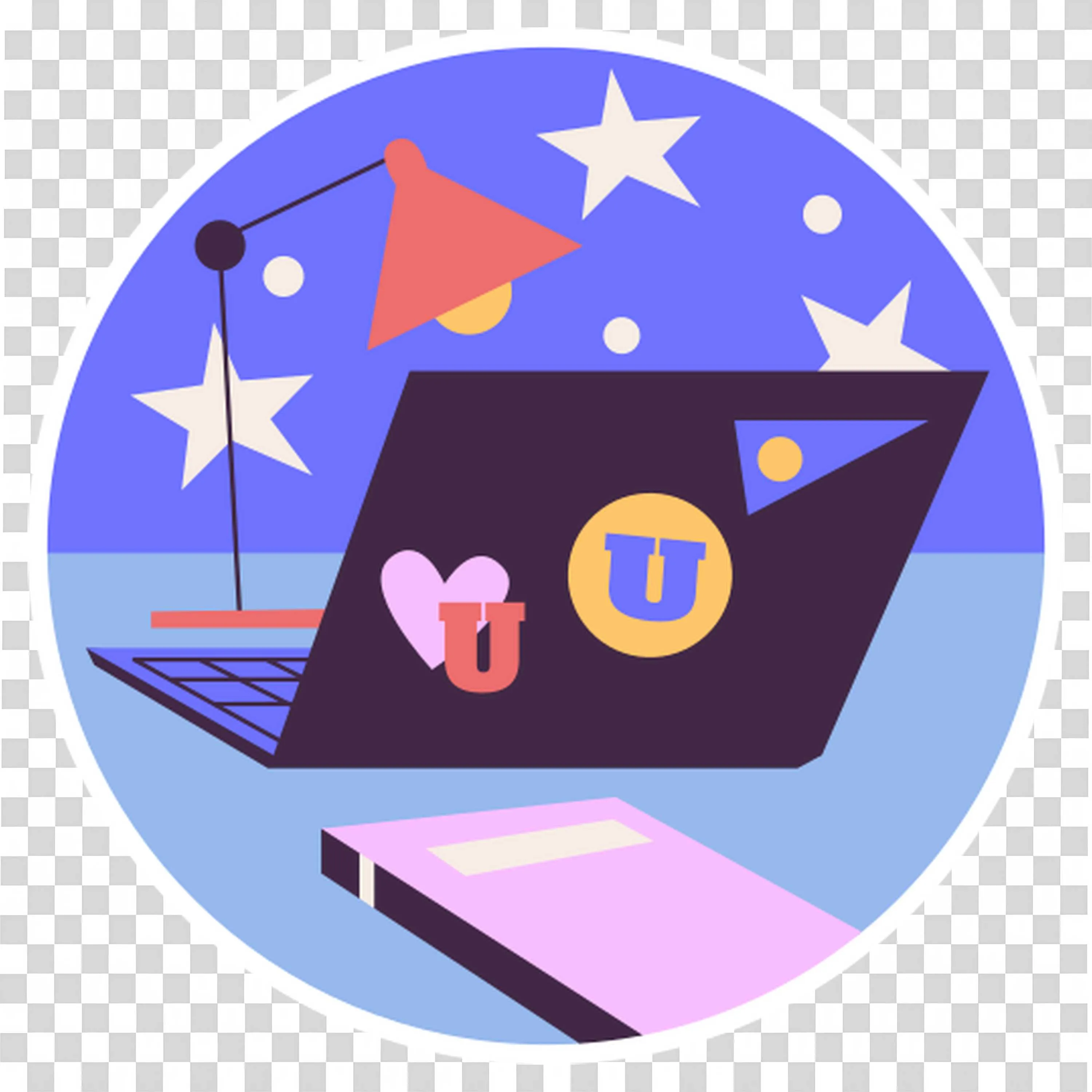Laptop with Stickers and Desk Lamp with Books PNG Image