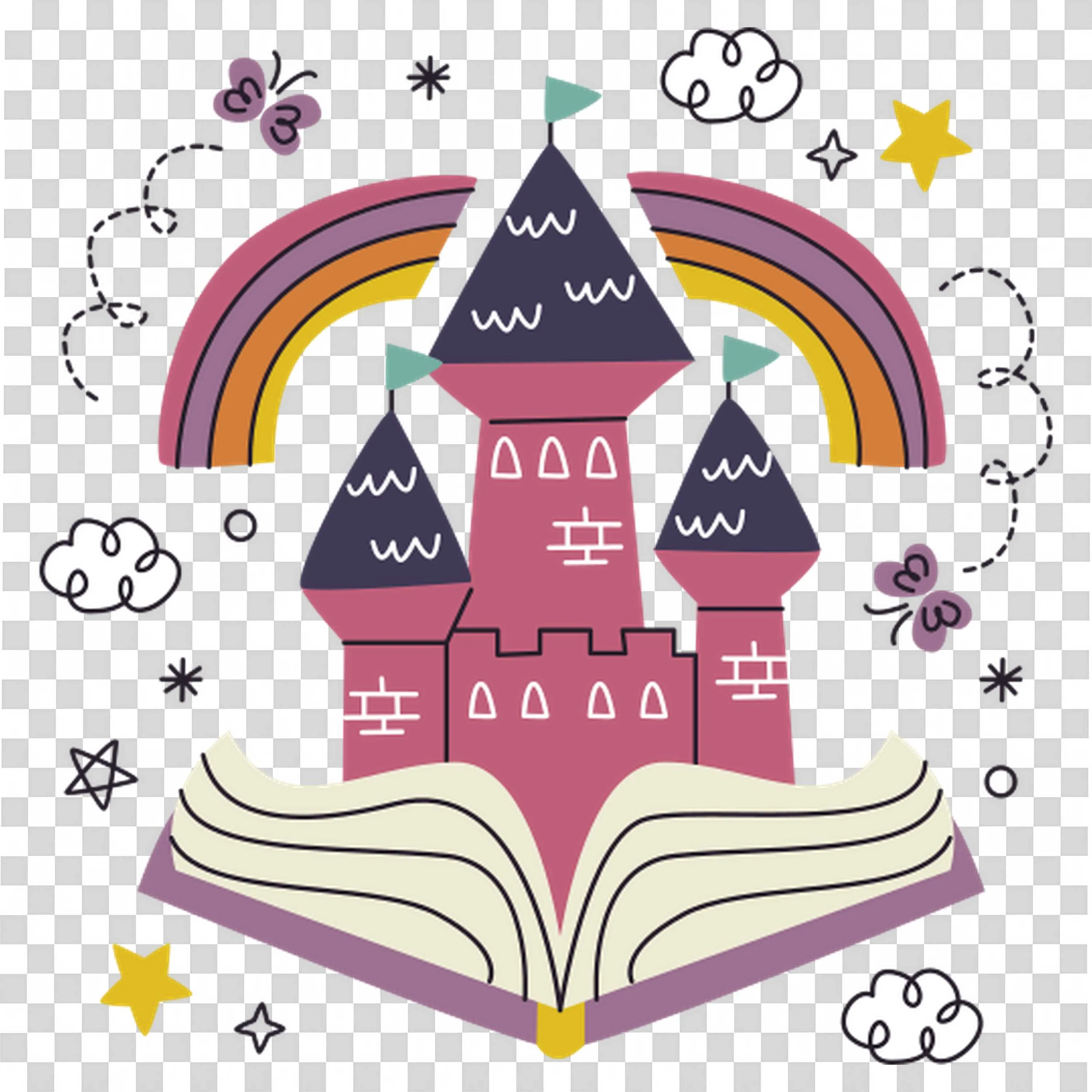 Magical Storybook Castle Illustration with Doodle Icons