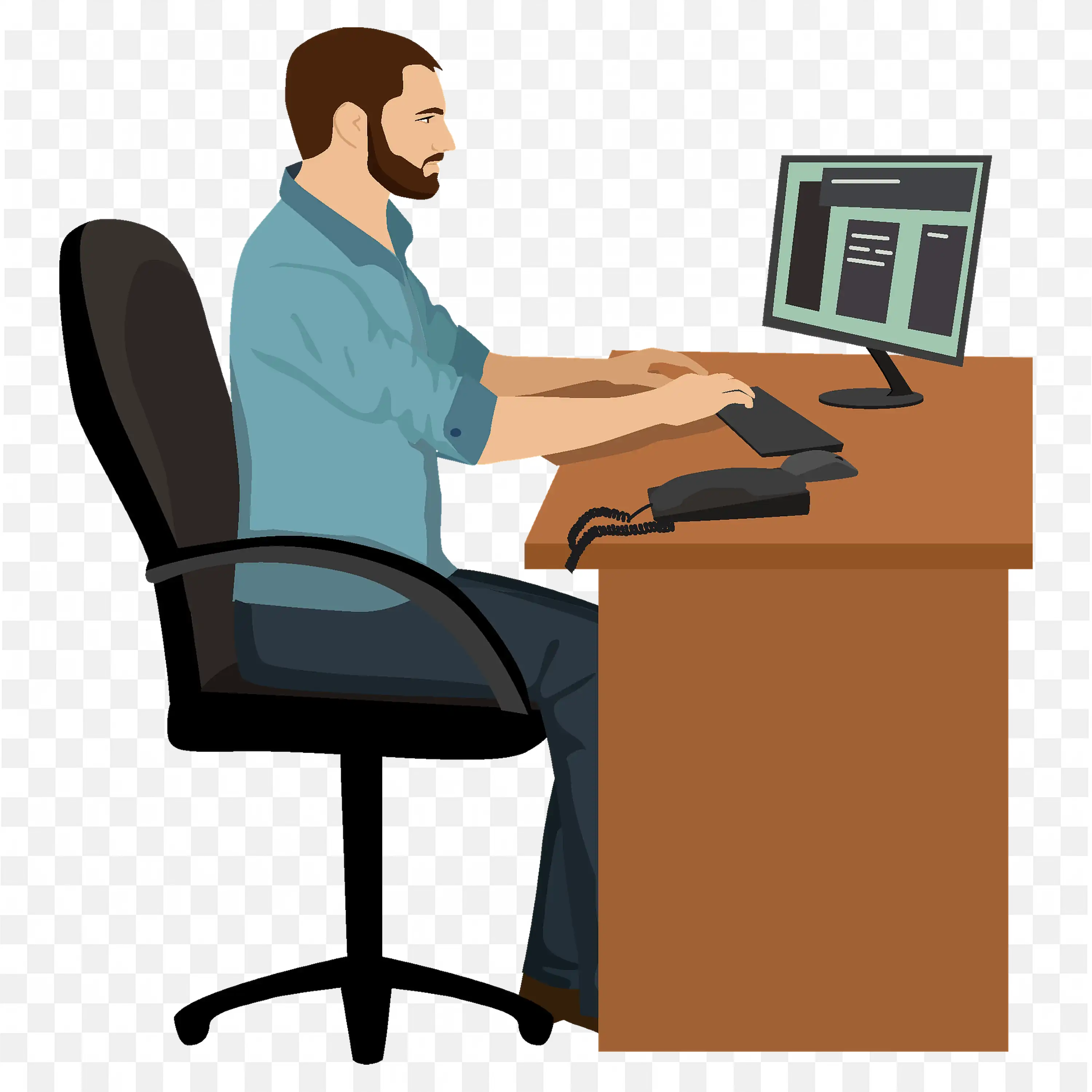 Man with Beard Typing on Keyboard with Computer PNG Free