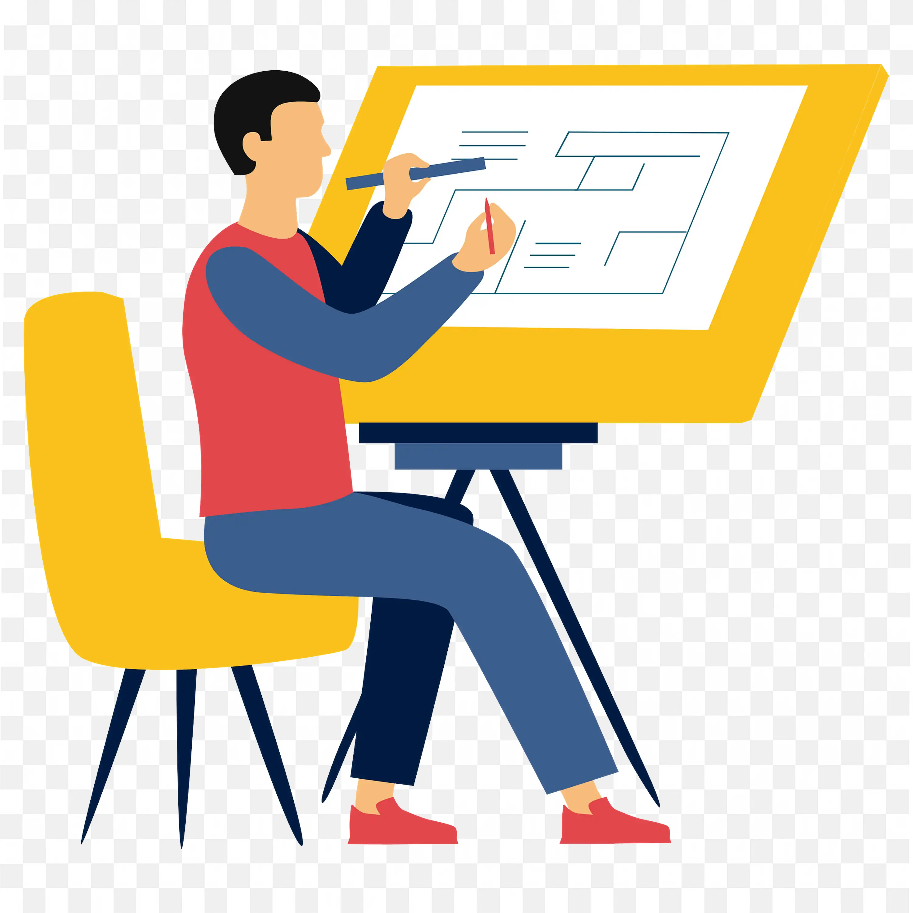 Man Designing Blueprint in Board with Markers PNG Image