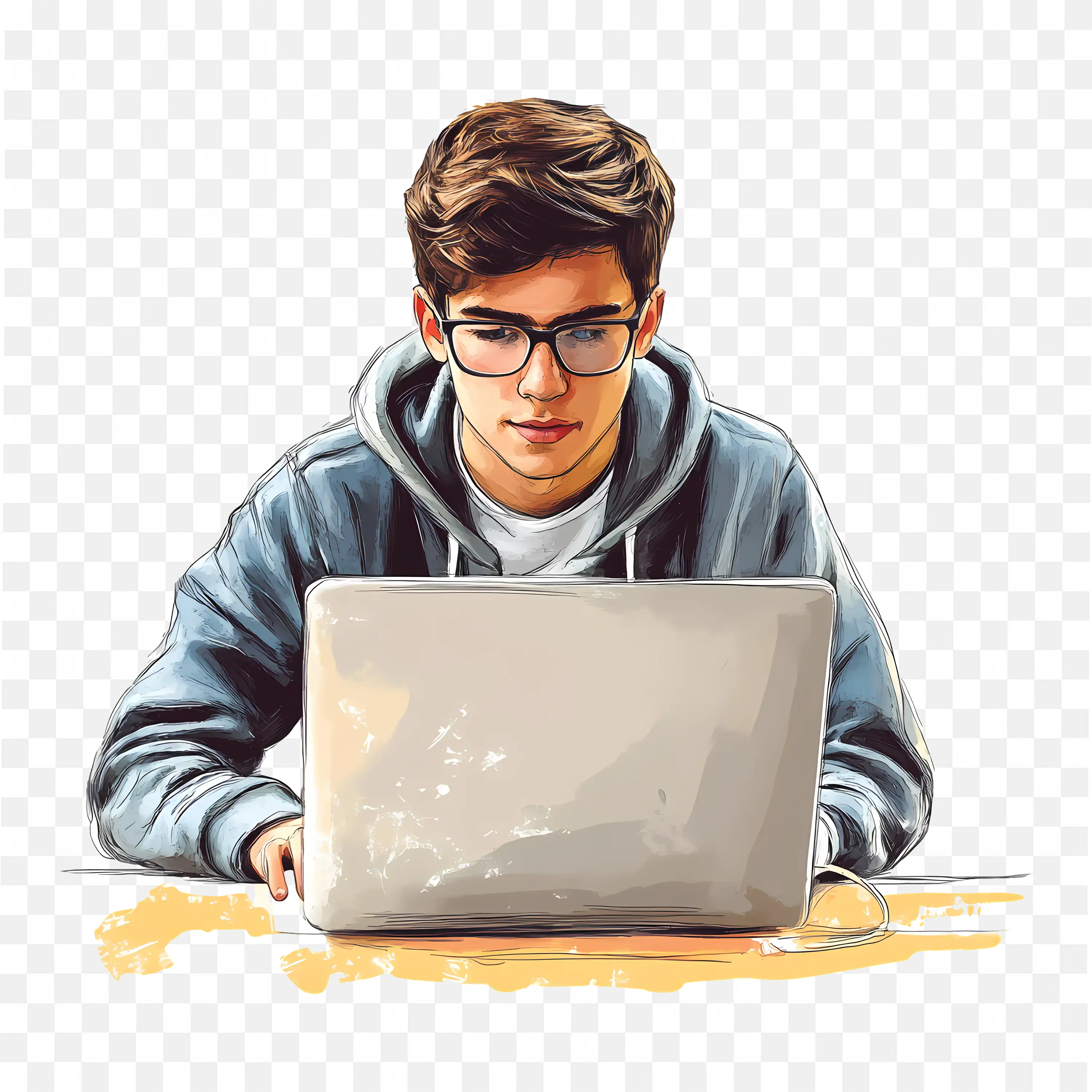 Man in Hoodie is Doing Work on a Laptop Free PNG for Free