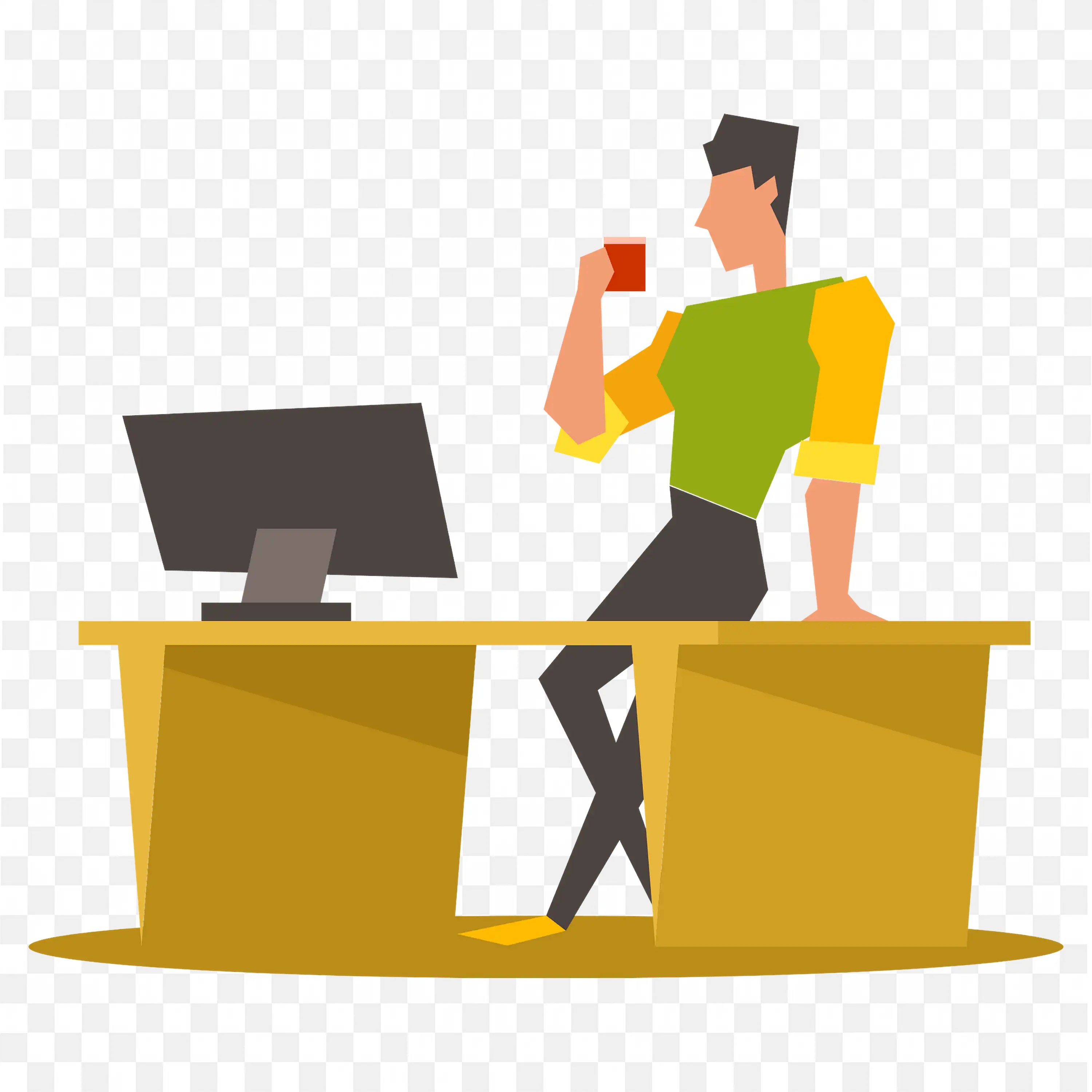 Man Leaning on Table and Drinking Coffee Near Computer PNG