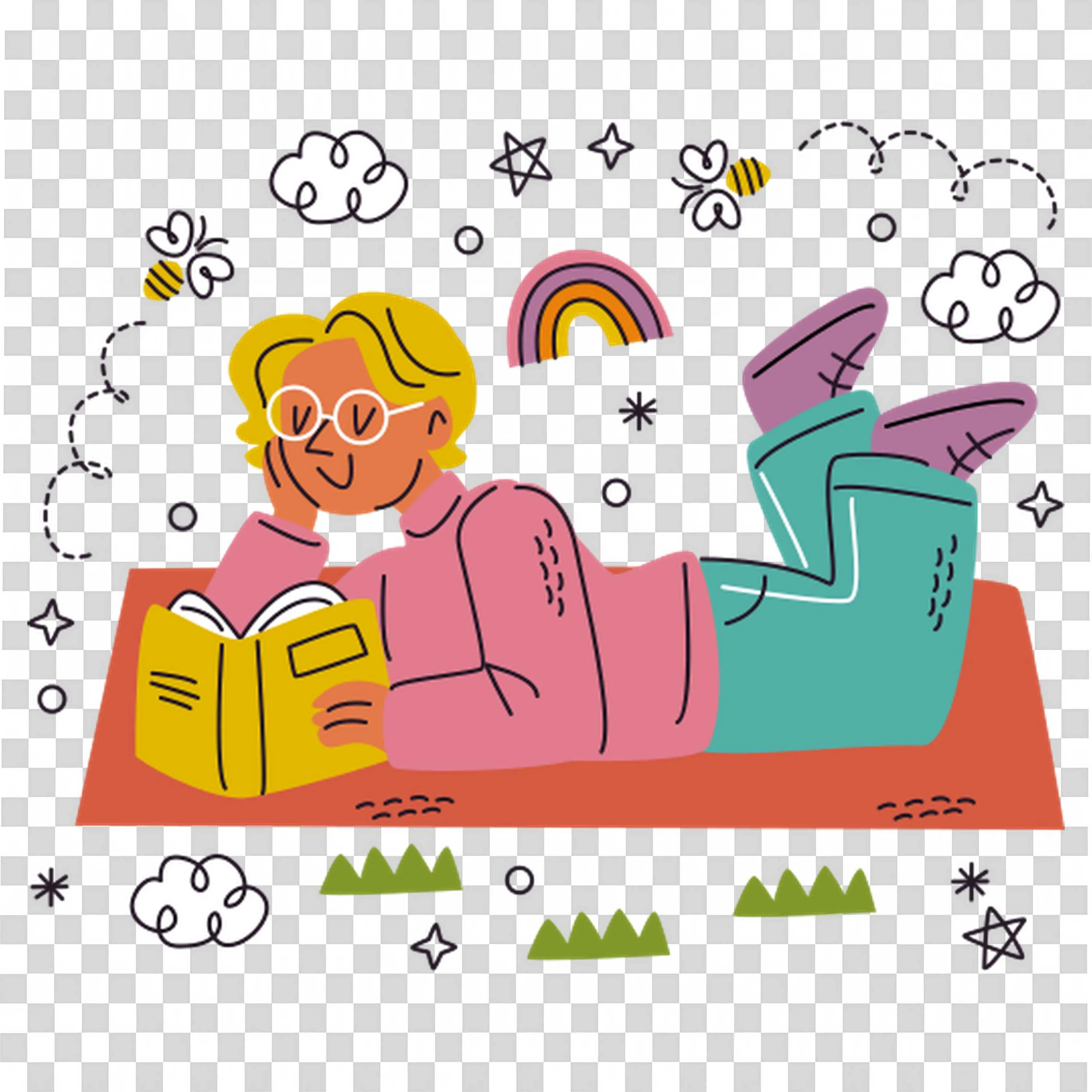 Man Lying on a Blanket and Reading Books Peacefully Png