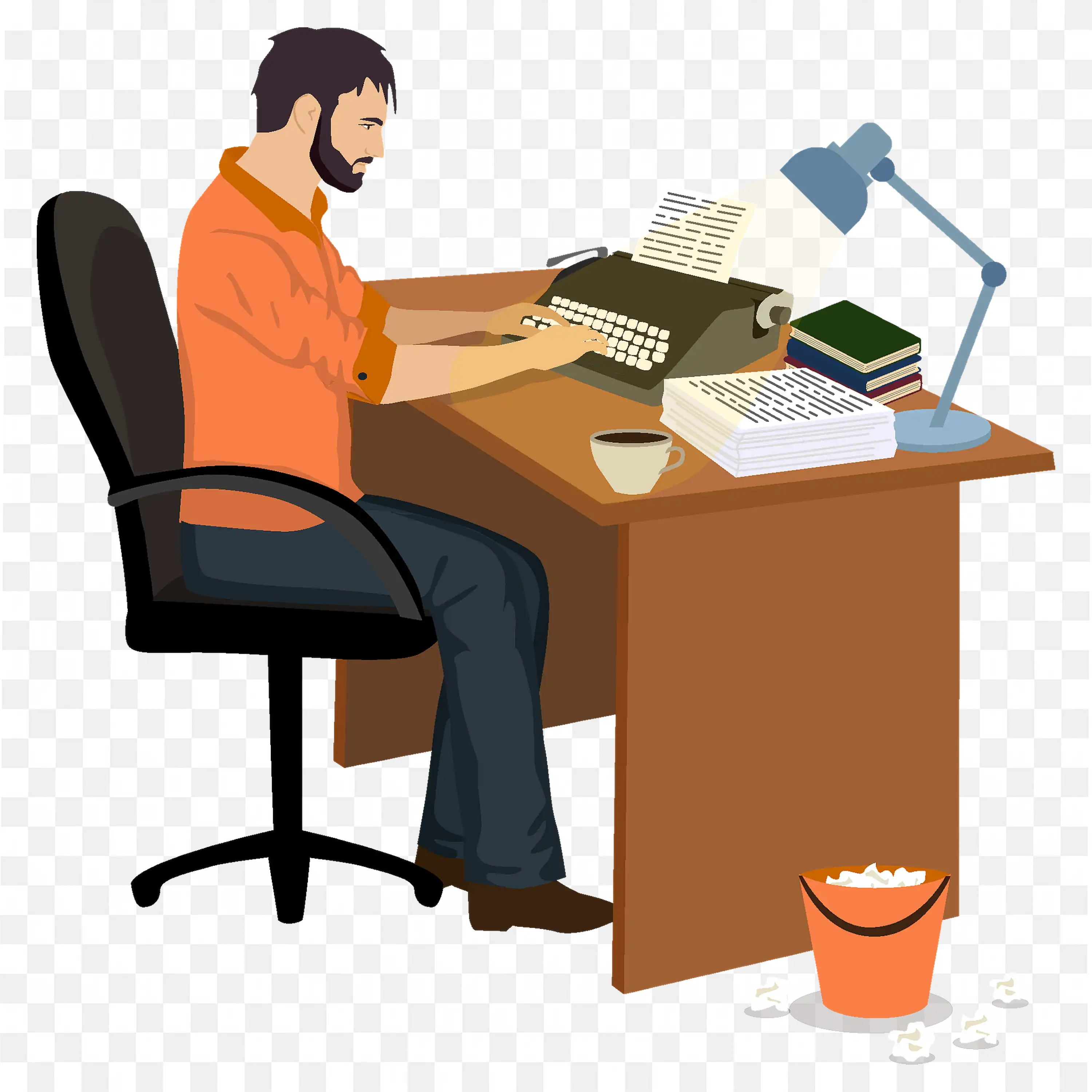 Man with An Orange Shirt Sitting and Typing Typewriter
