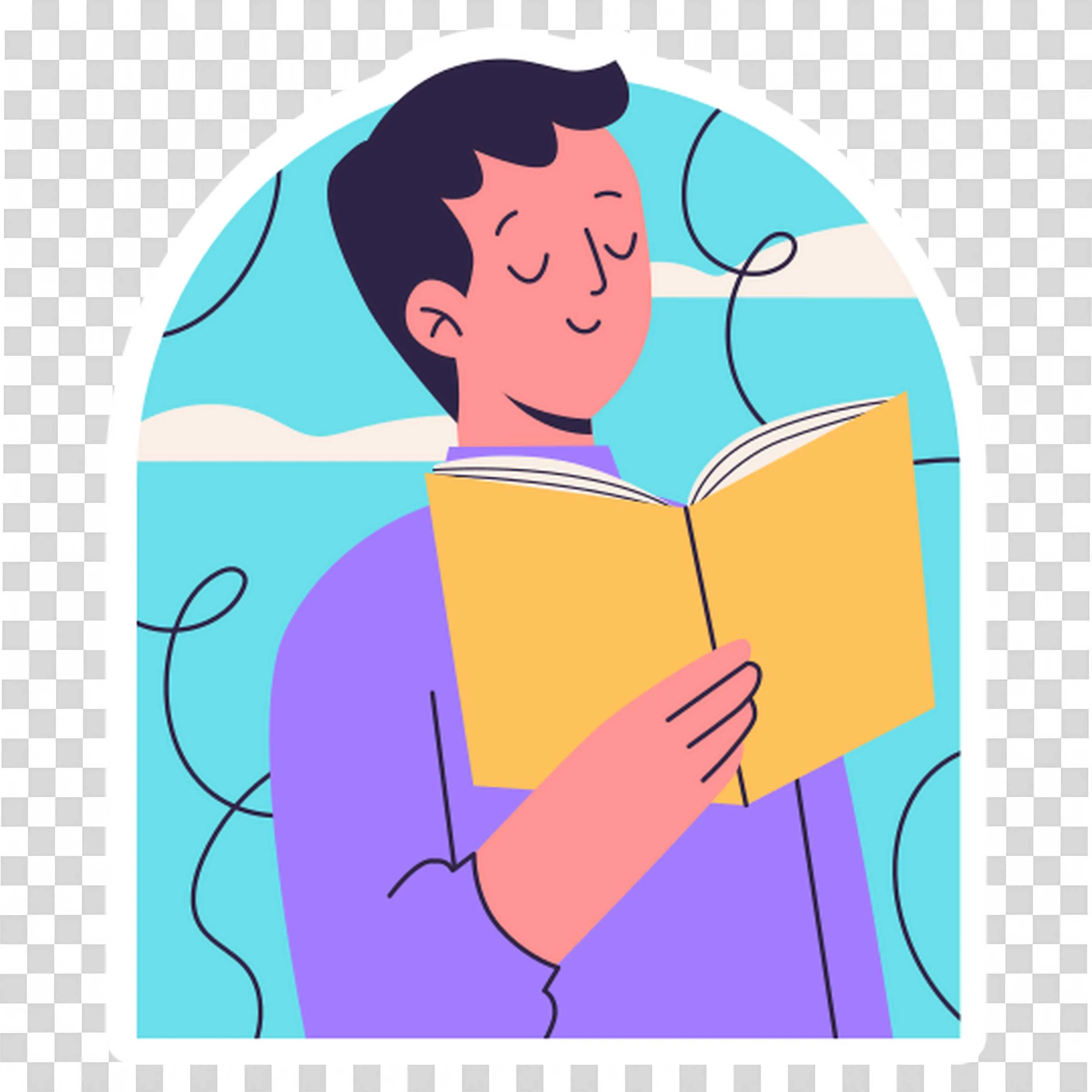 Man Reading a Book Peacefully Against a Blue Background
