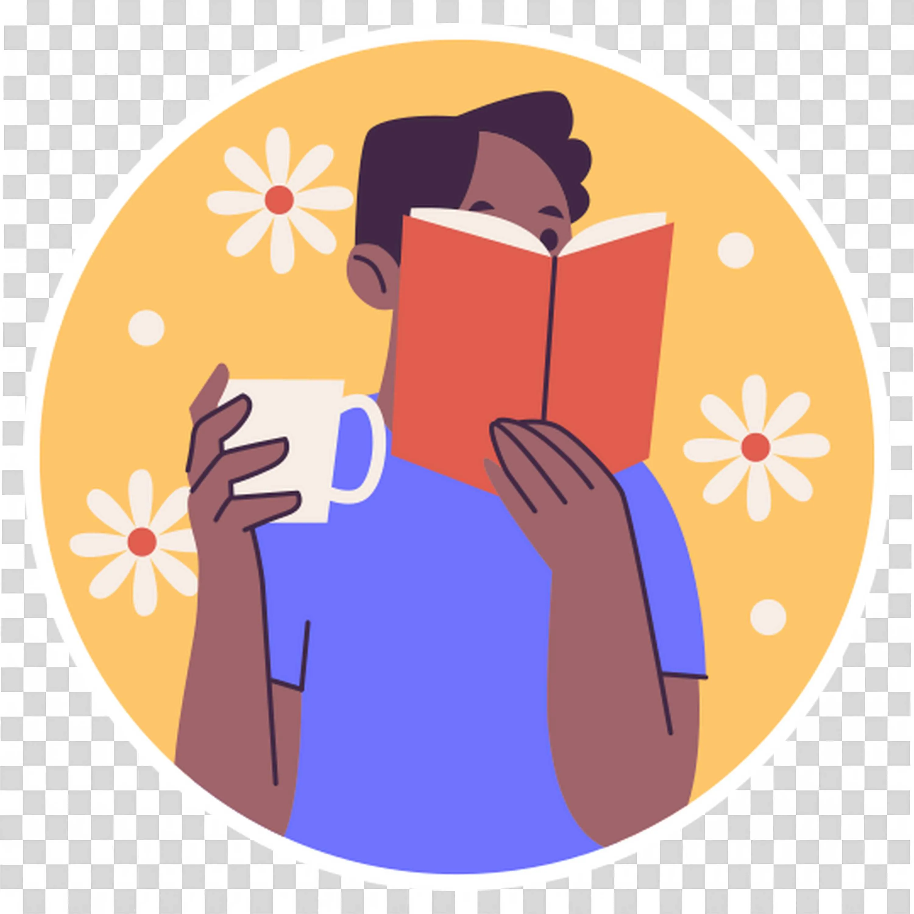 Man Reading Book with a Cup Of Coffee and a Flower Background