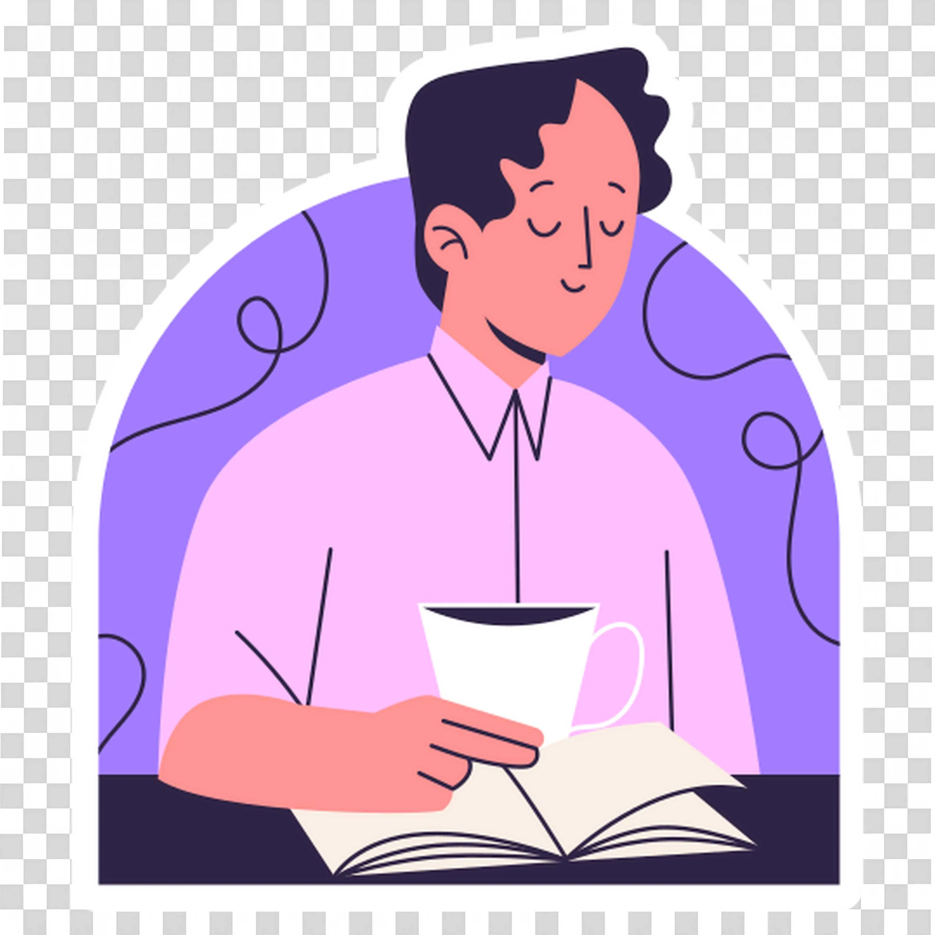 Man Reading Book with Coffee Against a Purple Background