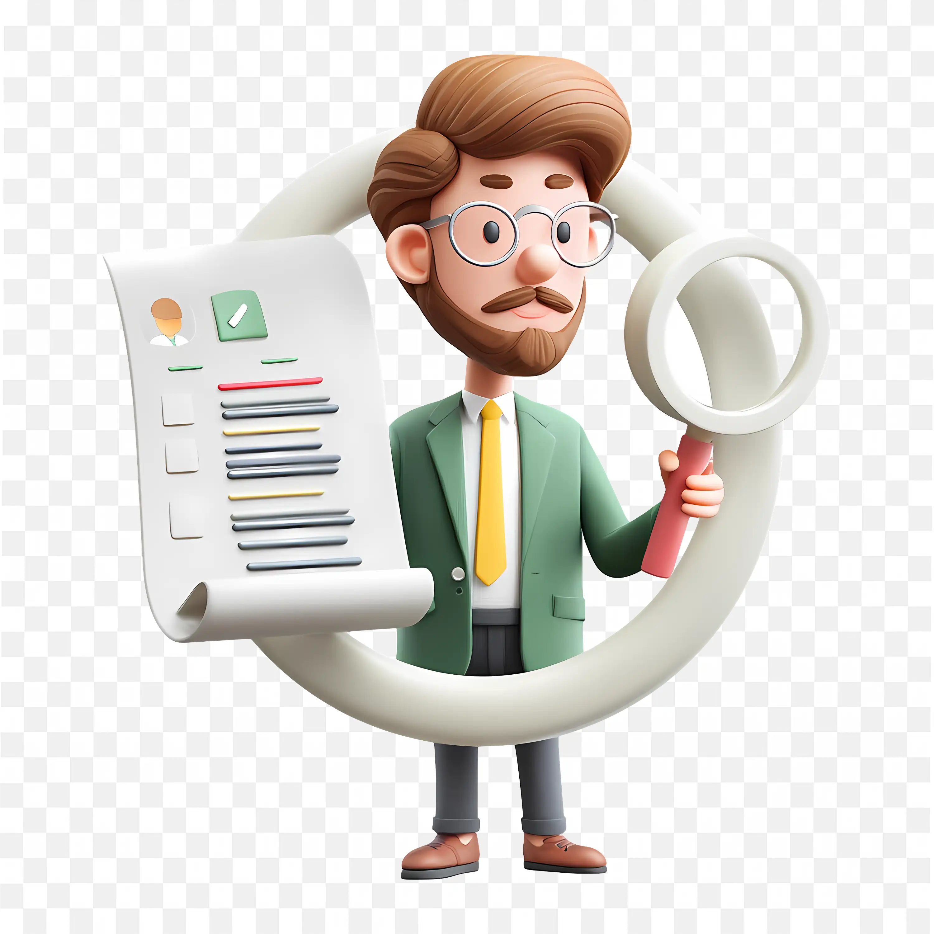Man Reviewing Resume with a Magnifying Glass Cartoon PNG