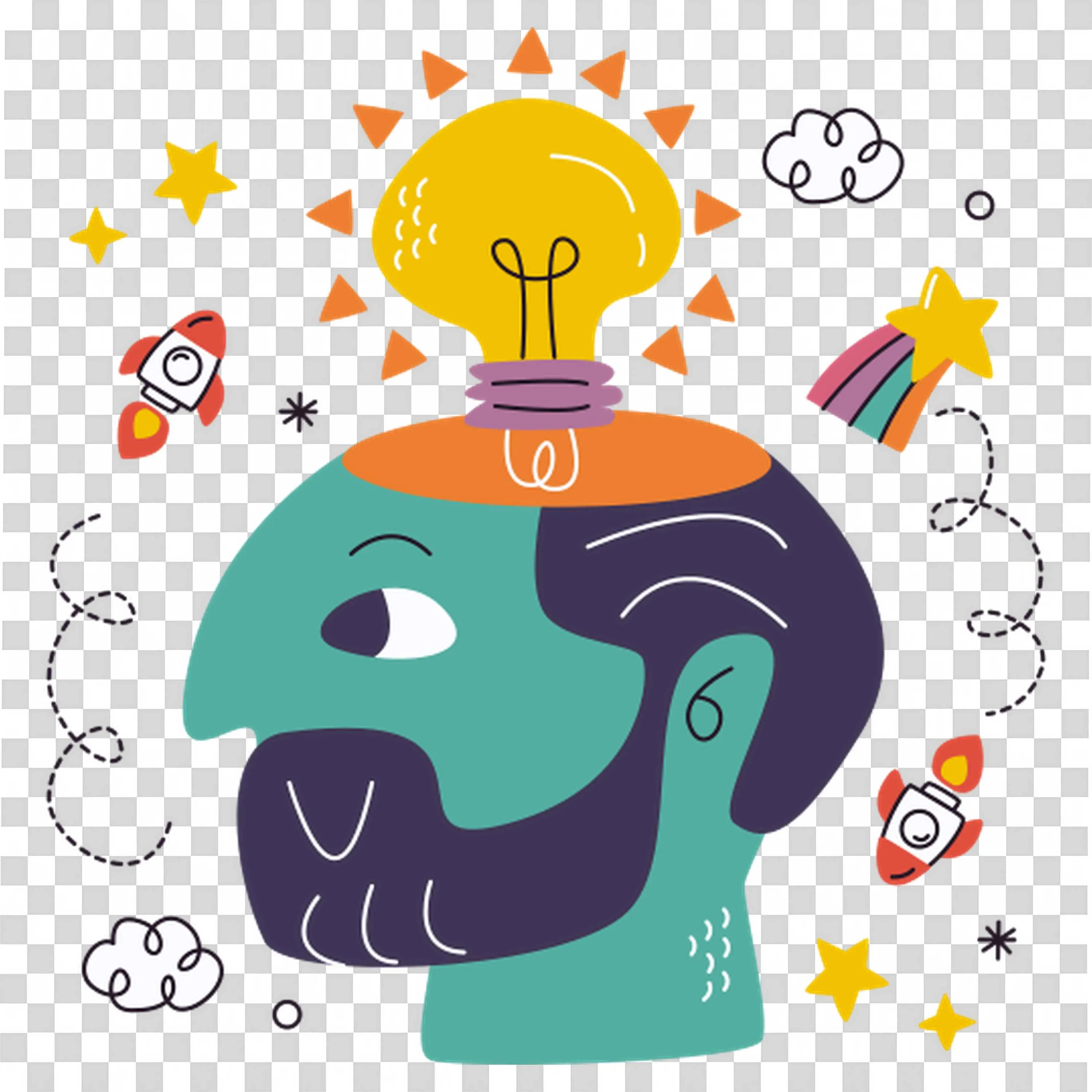 Man with Idea Lightbulb and Creative Thoughts Around Head