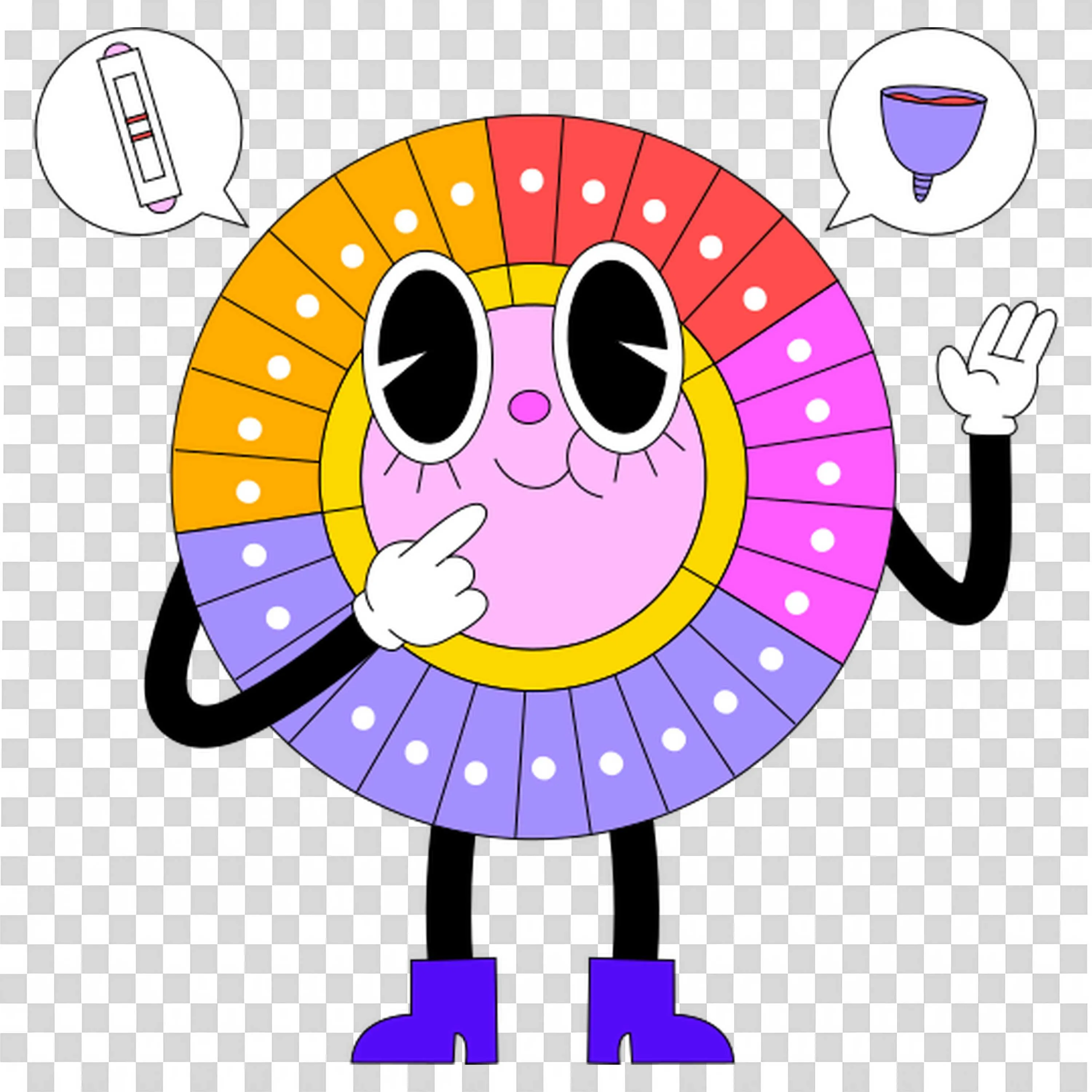 Menstrual Cycle Cartoon with Pregnancy Test and Menstrual Cup