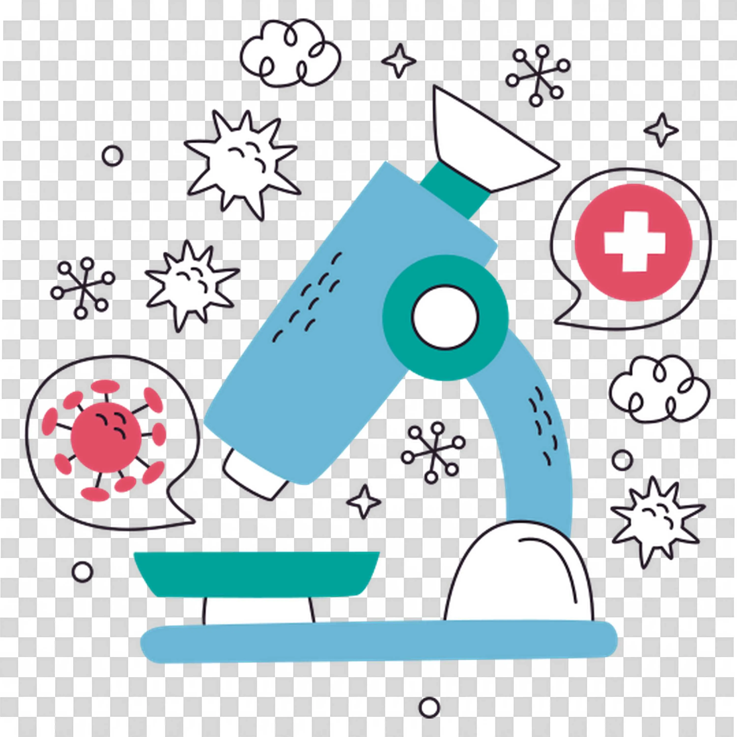 Microscope Surrounded By Medical and Science Symbols Png