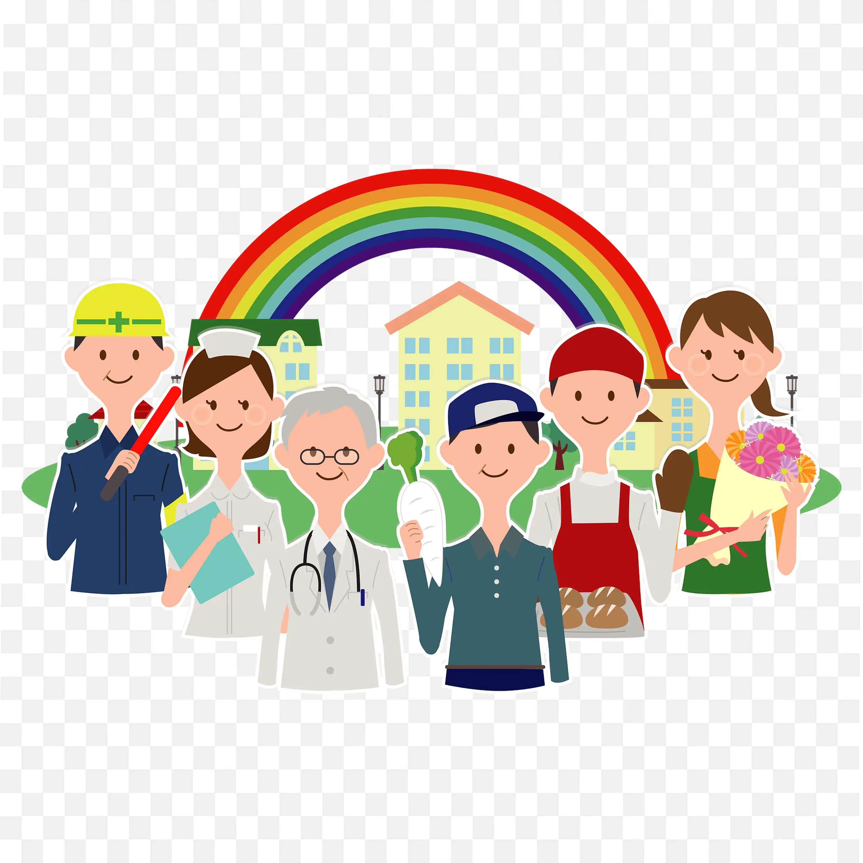Mixed Society Workers Under a Colourful Rainbow Cartoon PNG
