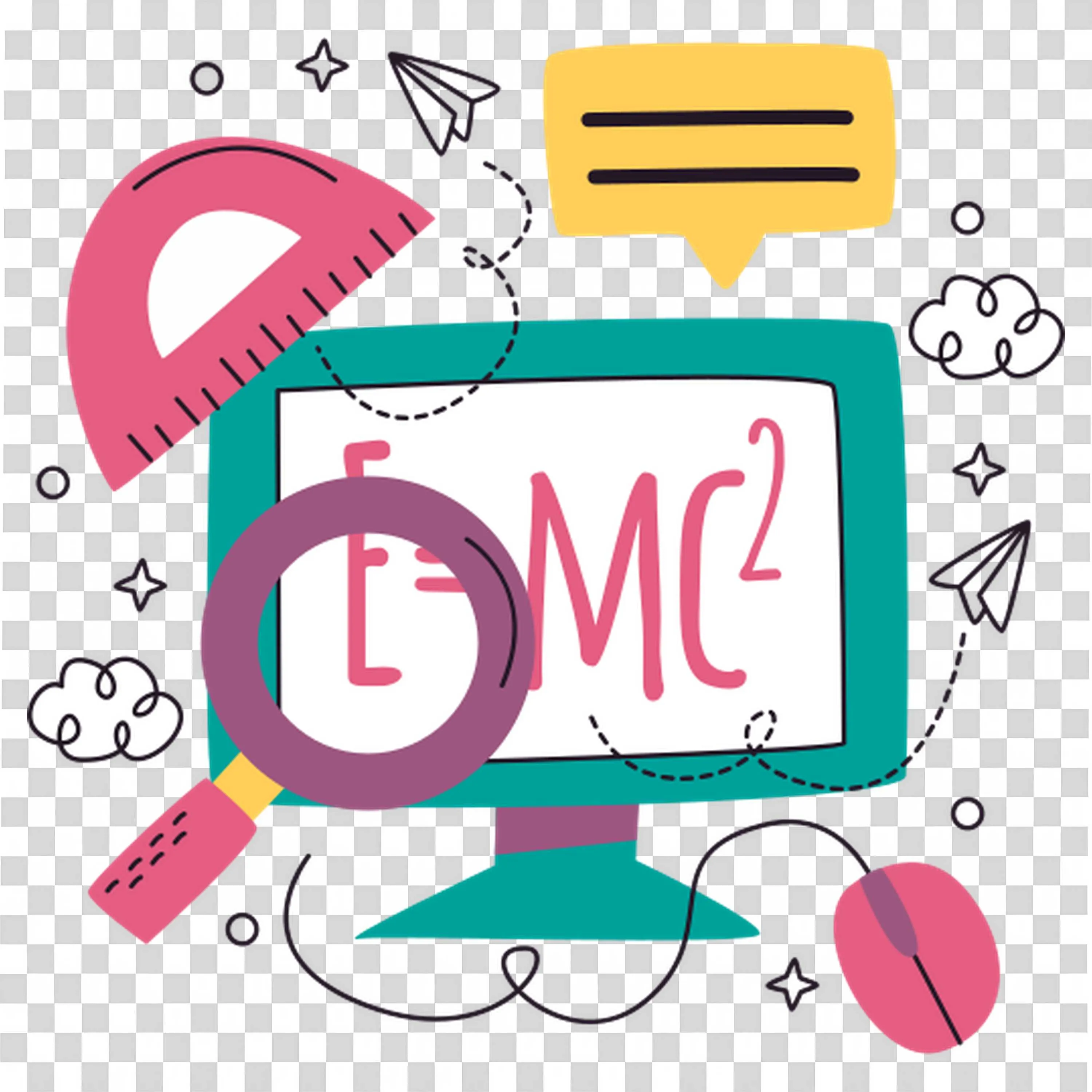 Monitor Displaying E Equals Mc with School Tools Around