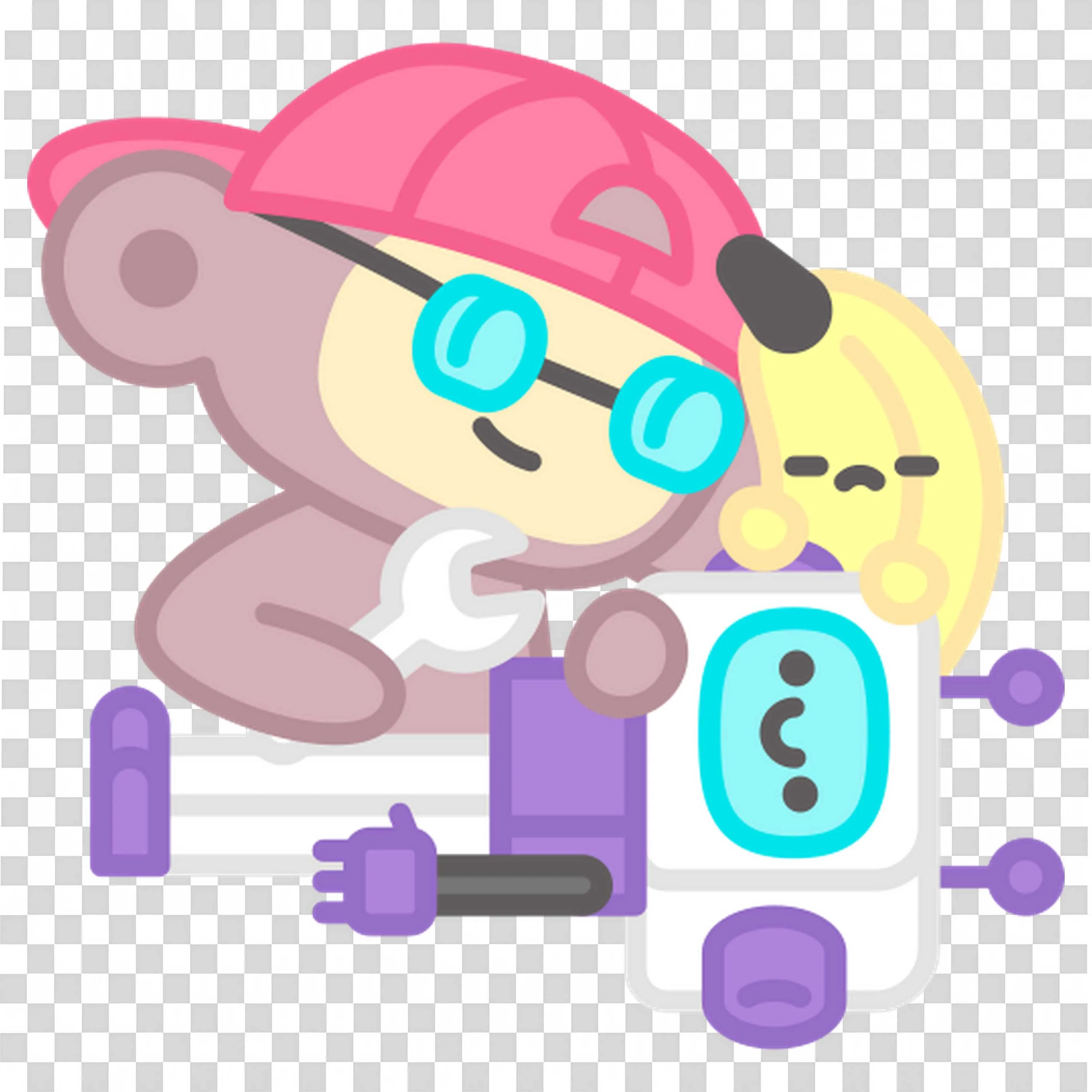 Monkey and Banana Fixing a Robot in a Pink Cap and Glasses