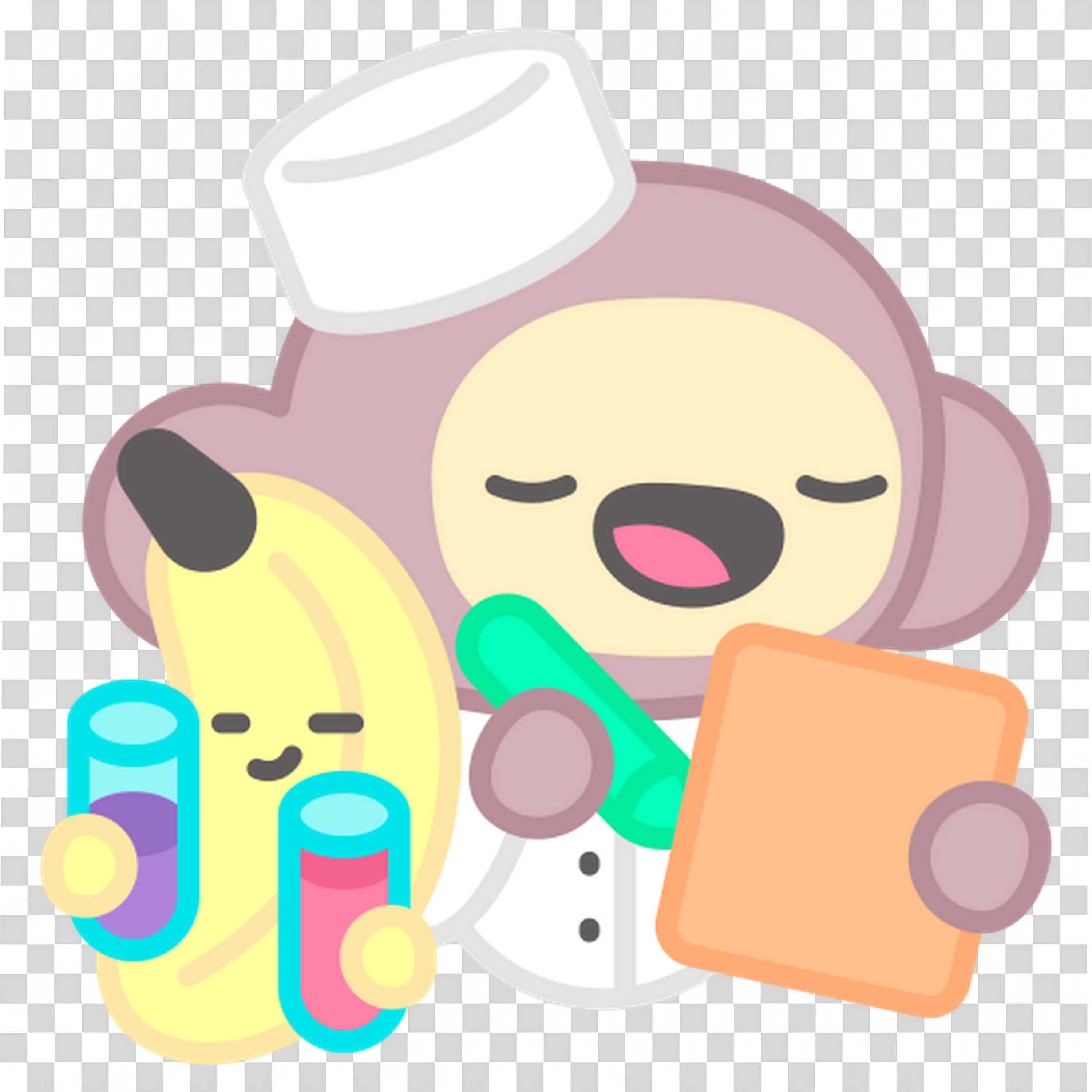 Monkey and Banana Holding Beakers and An Orange Notebook