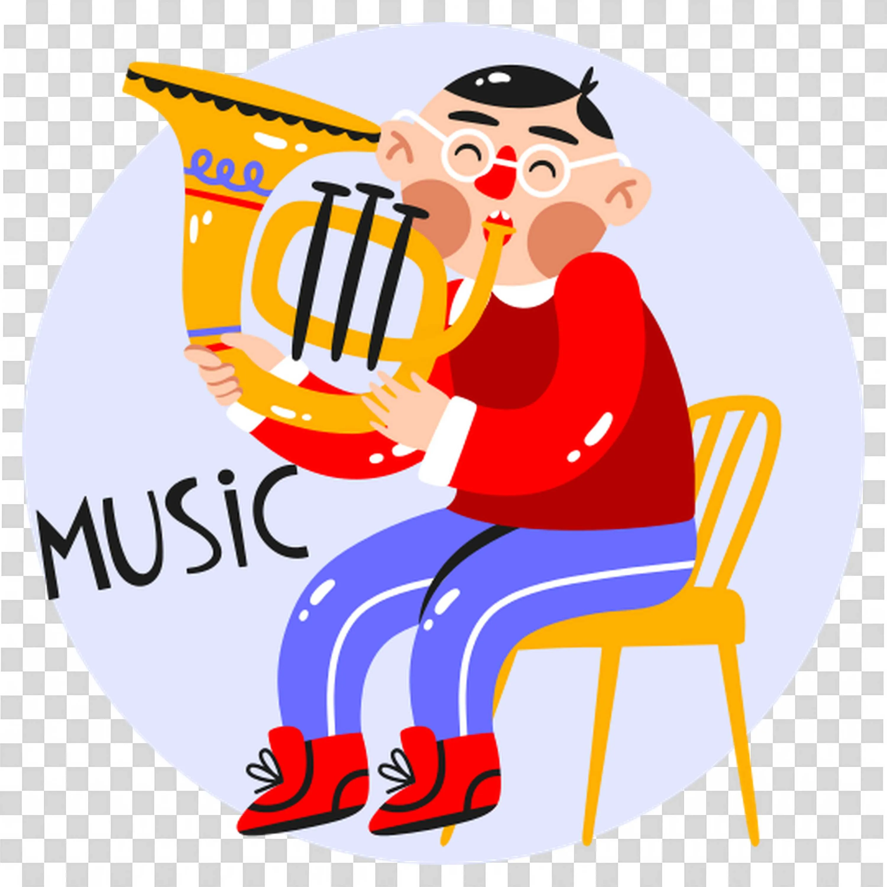 Musician Playing Brass Instrument with Music Text Below