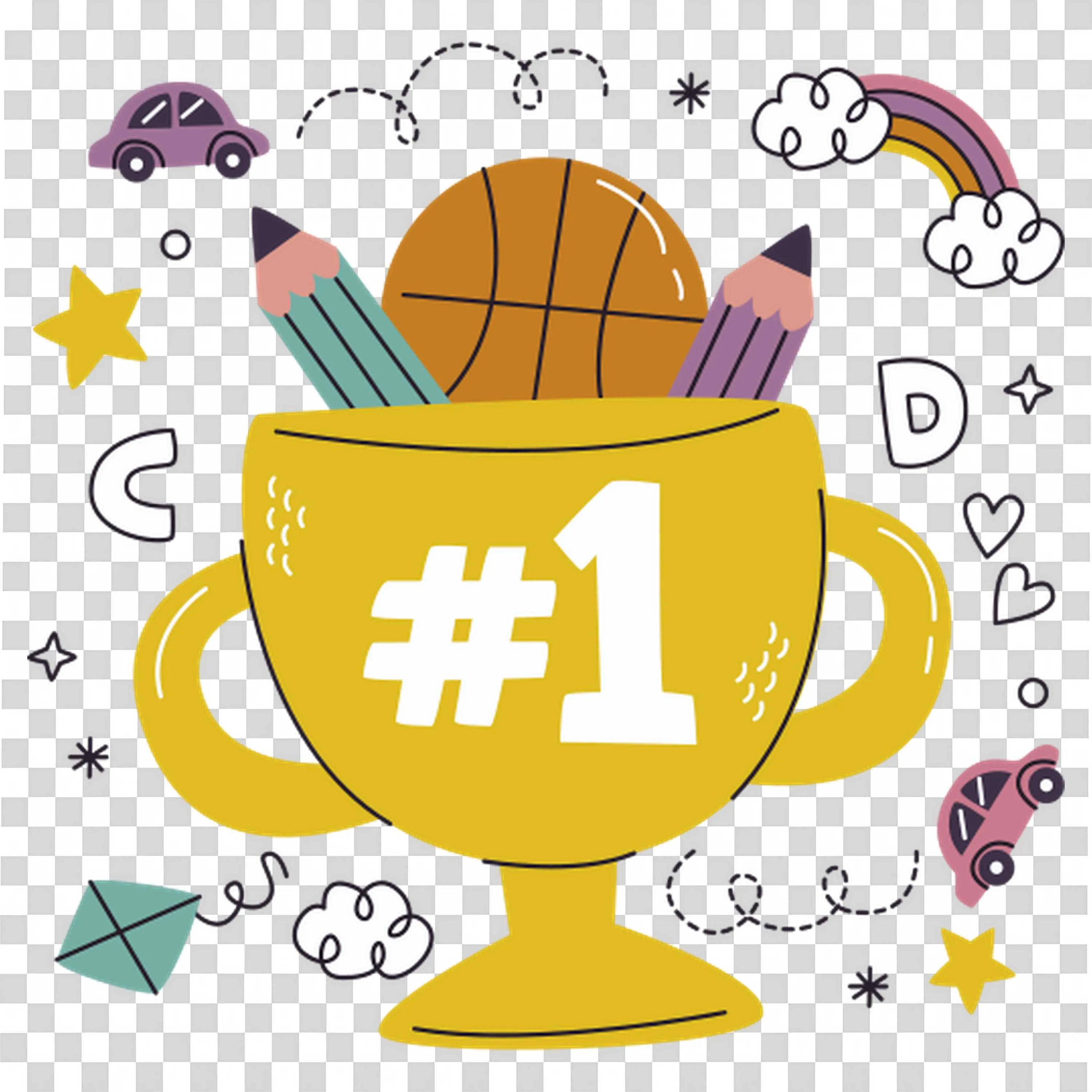 Number One Trophy with Pencils and Basketball PNG Image