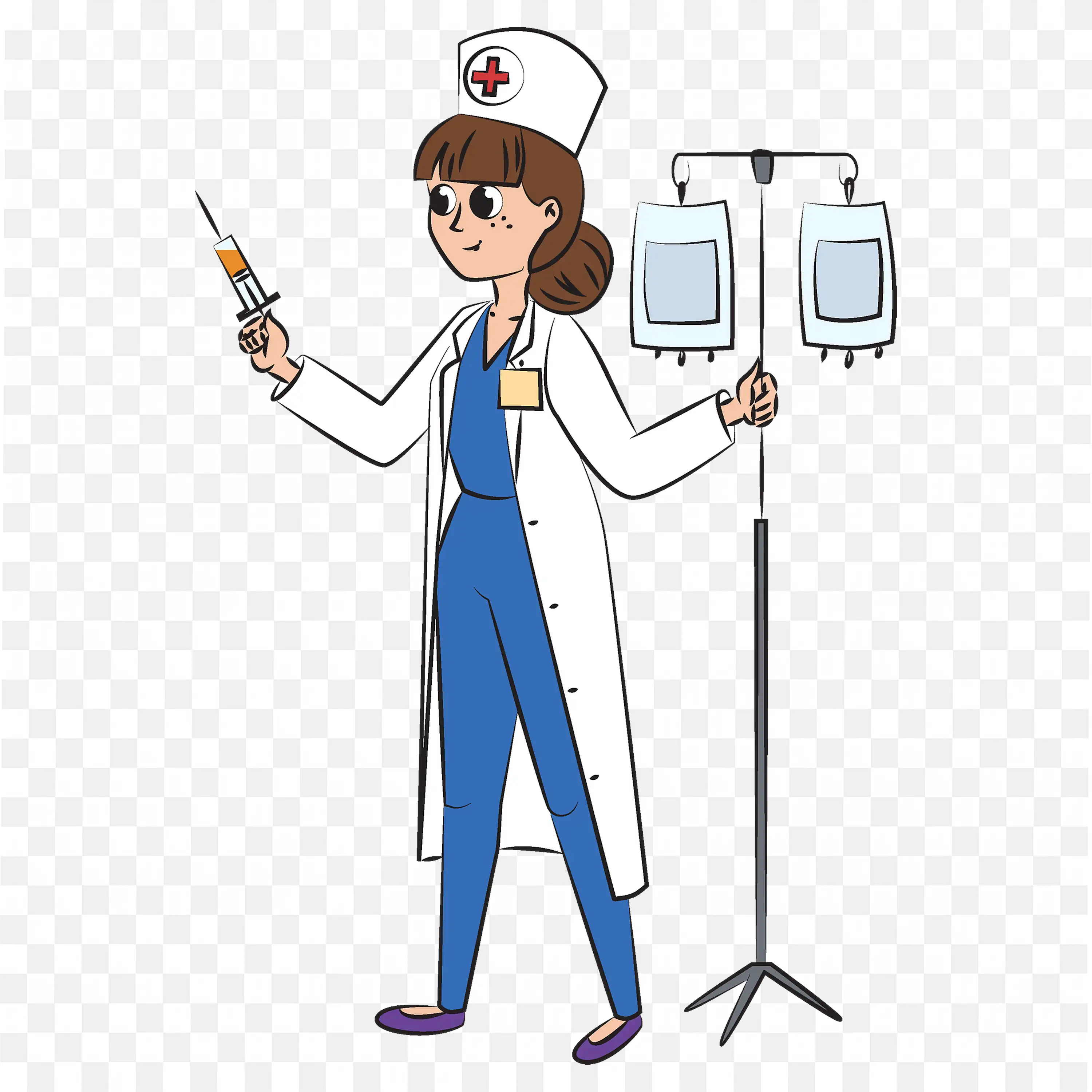Nurse Holding an Injection and anIVPole with Bags PNG