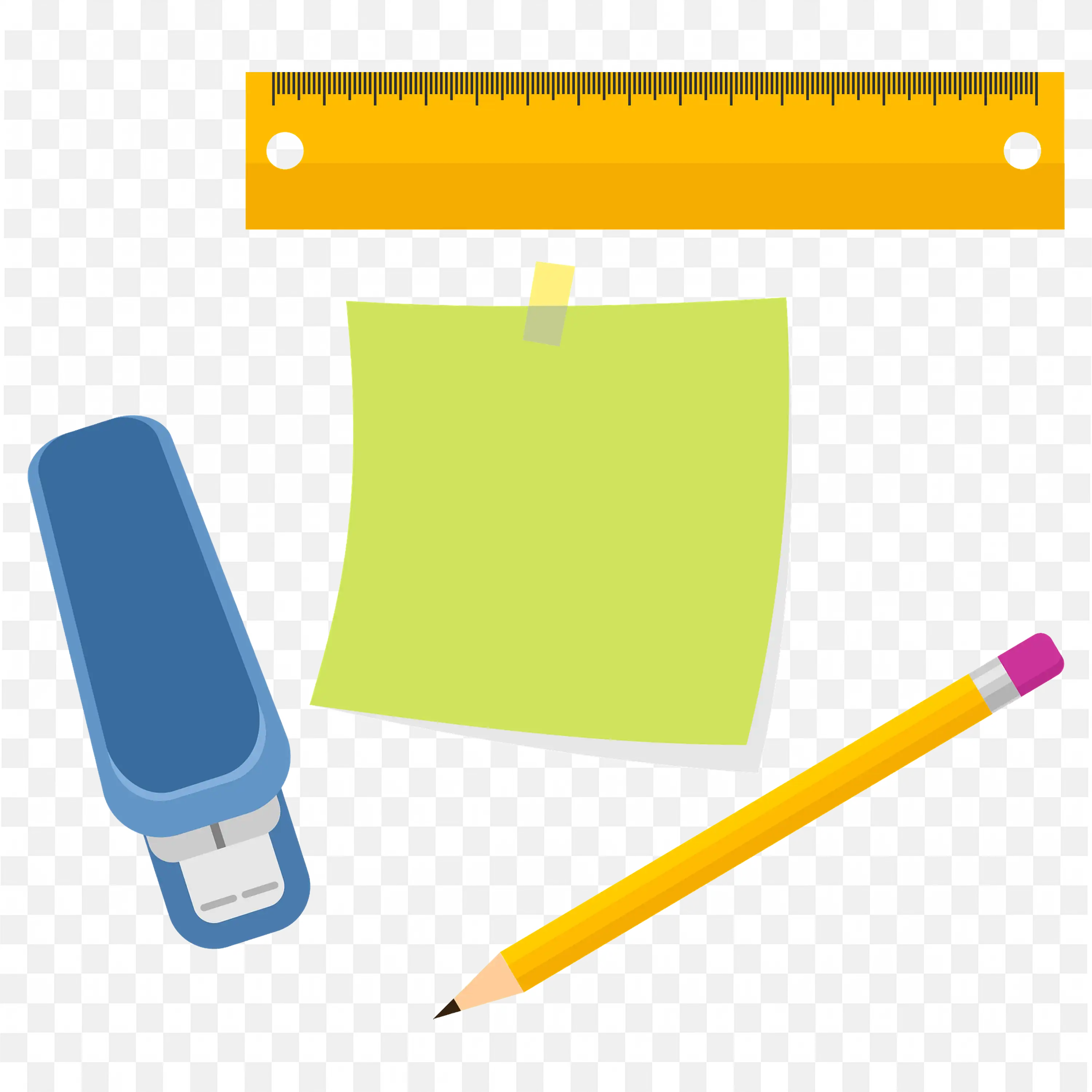 Office Supplies like Wooden Scale a Pencil and Sticky Note Png
