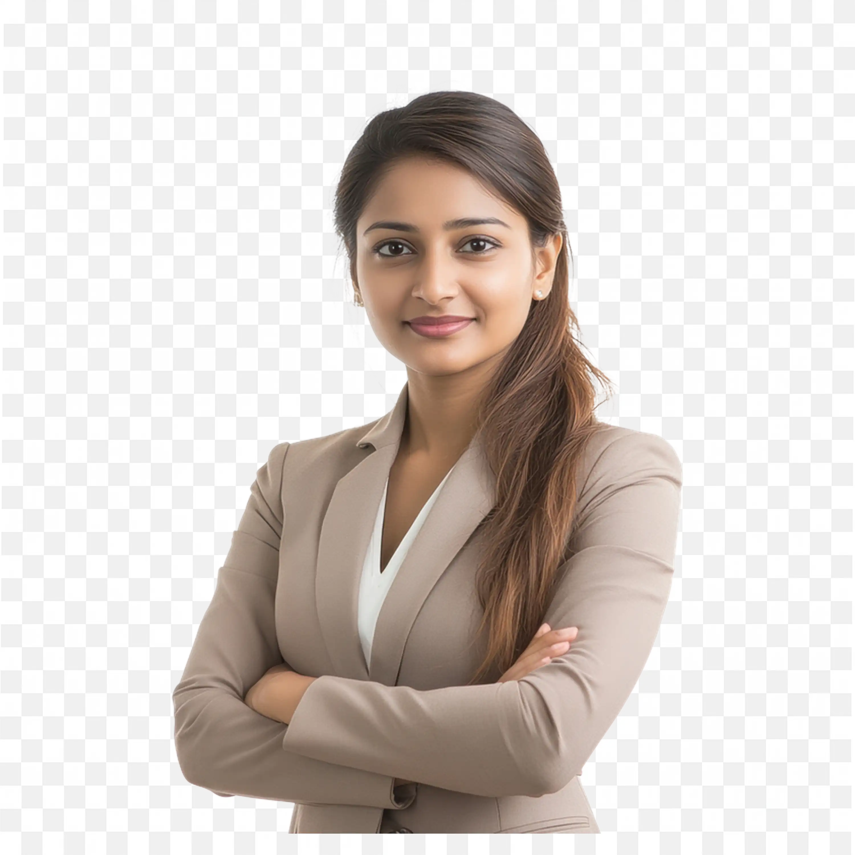 Office Woman in Cream Office Suit with Arms Crossed PNG