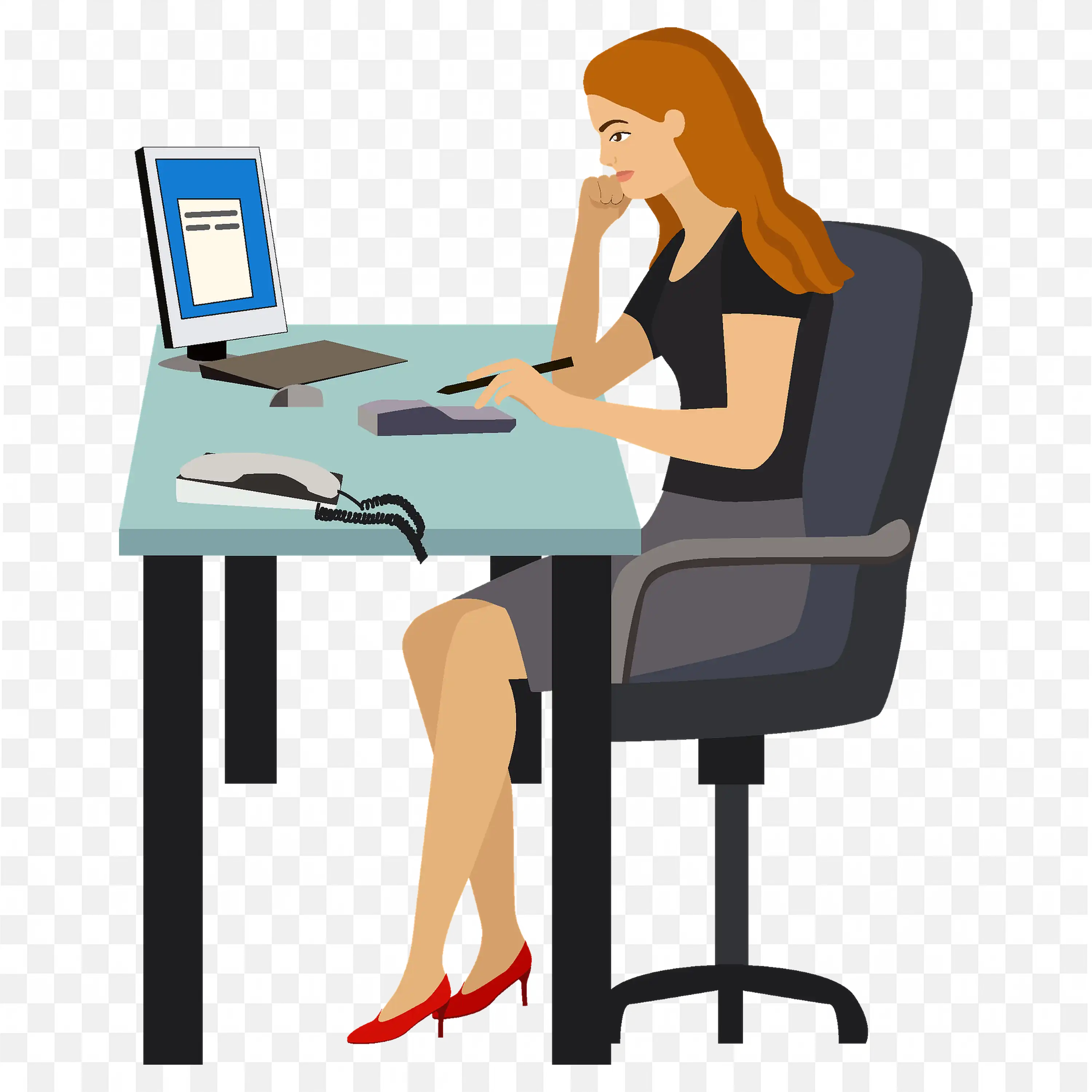 Office Woman Looking the Computer and Taking Notes Free PNG