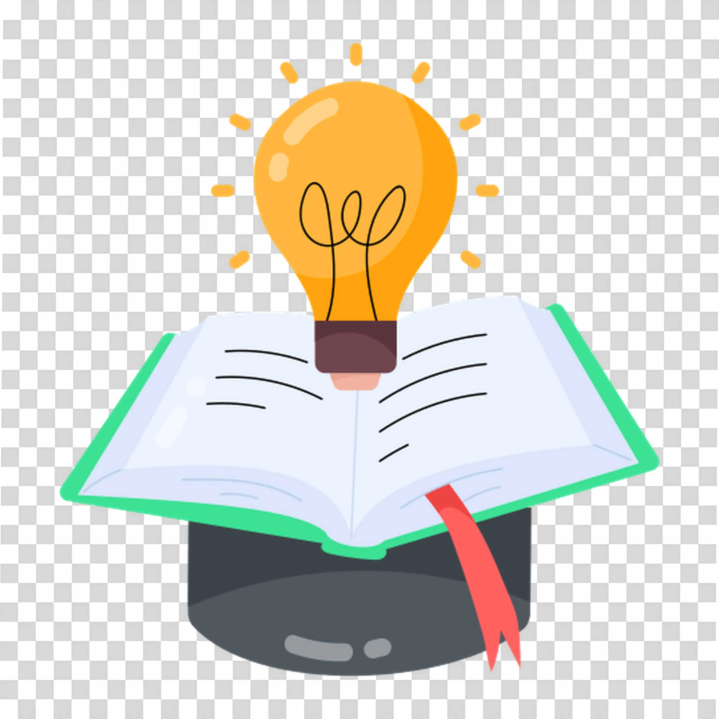 Open Book with Light Bulb Glowing Above Graduation Cap Png