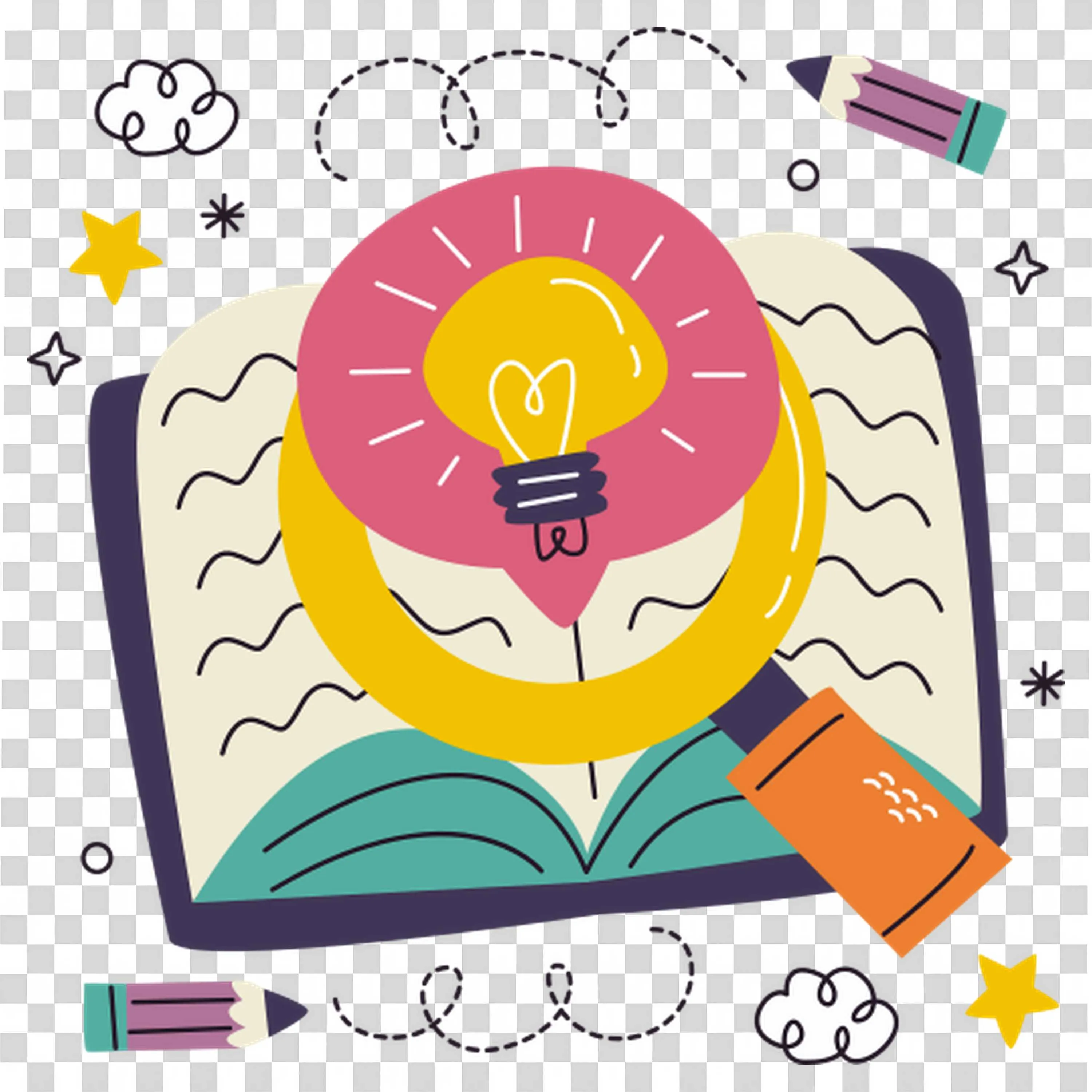 Open Book with Lightbulb and Magnifying Glass Idea Concept