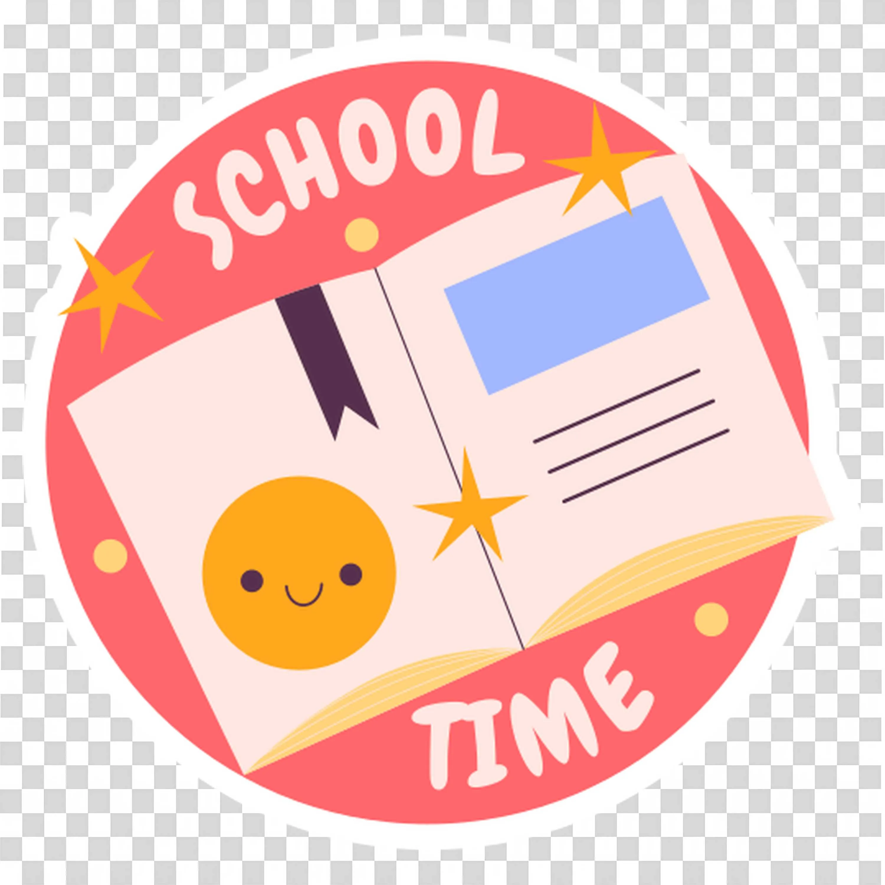 Open School Book with Smile and Stars in Fun Sticker Style