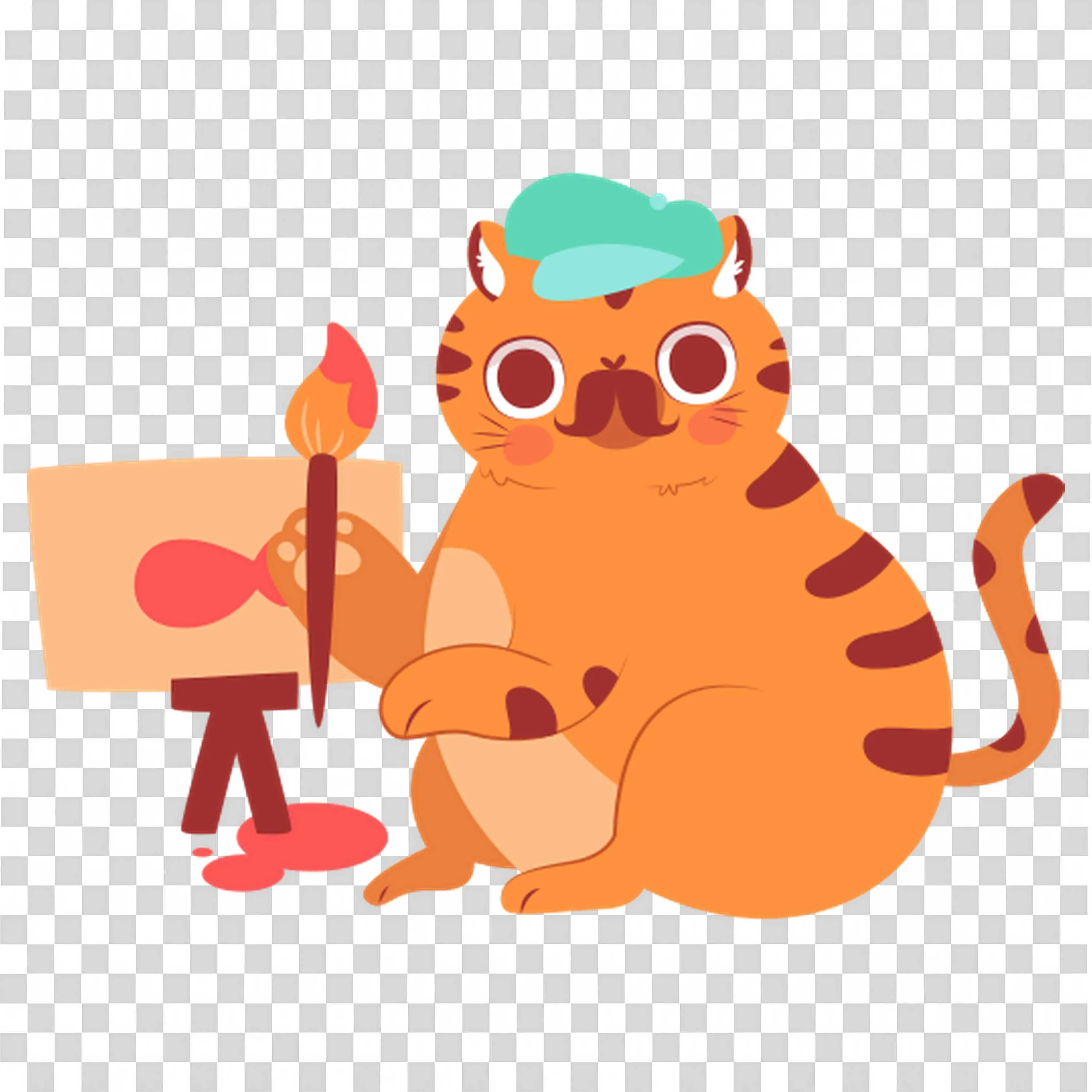 Orange Colour Cat Artist Painting with Brush and Canvas
